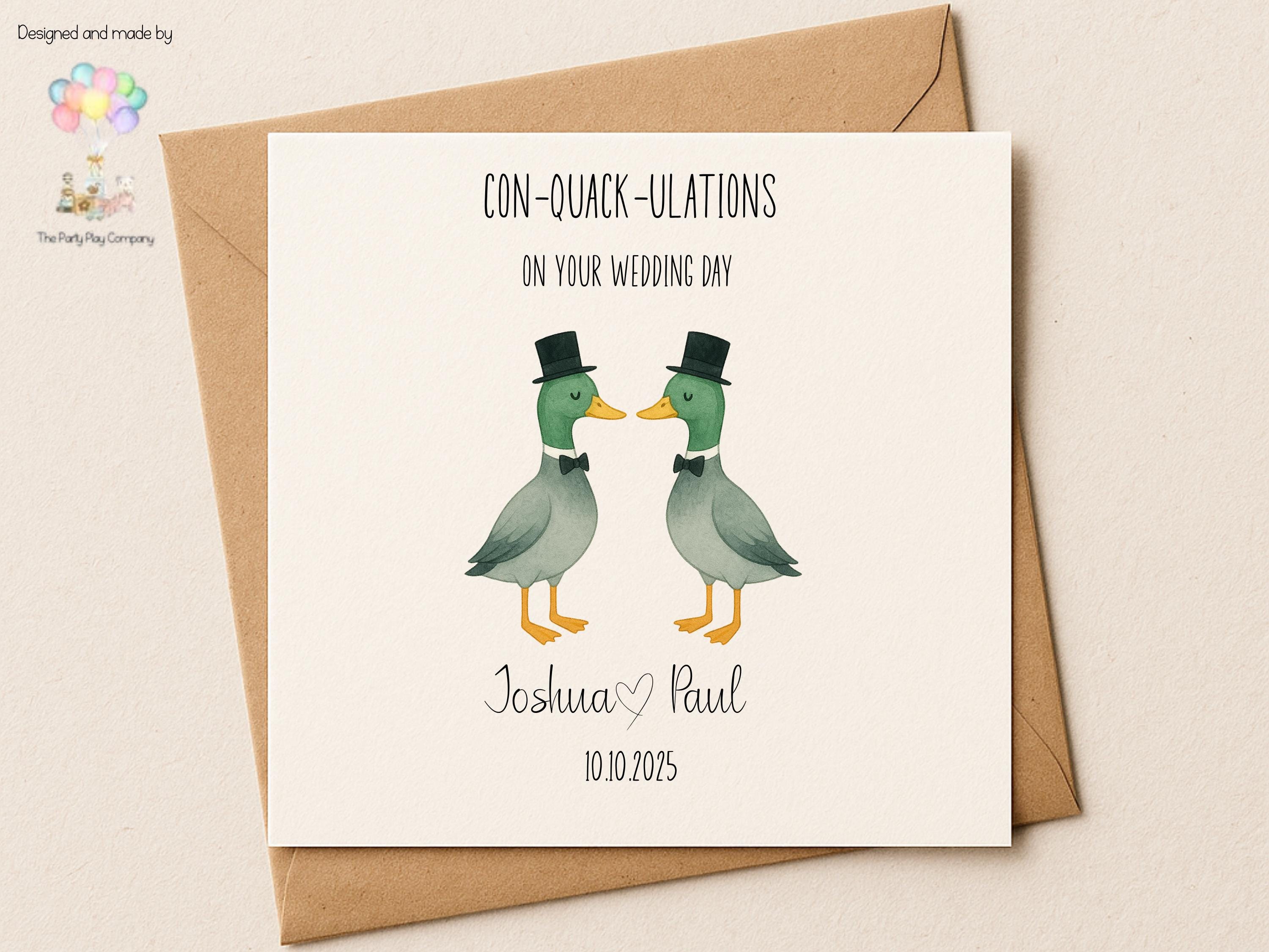 Funny Gay Wedding Card: Con-Quack-ulations Duck Pun - Personalized LGBTQ+ Anniversary