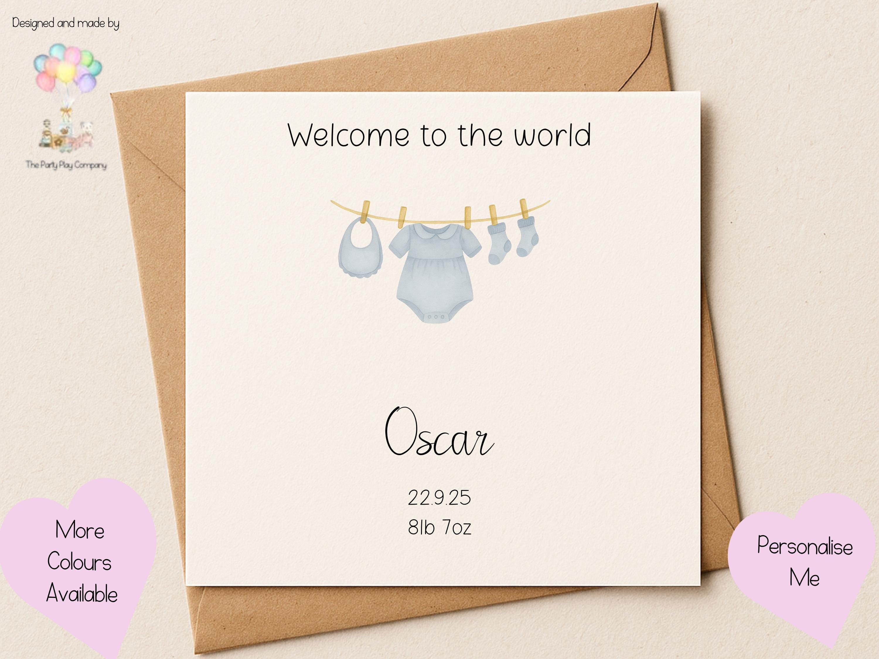 Personalized New Baby Boy Card: Blue Clothesline Design, Handmade Keepsake