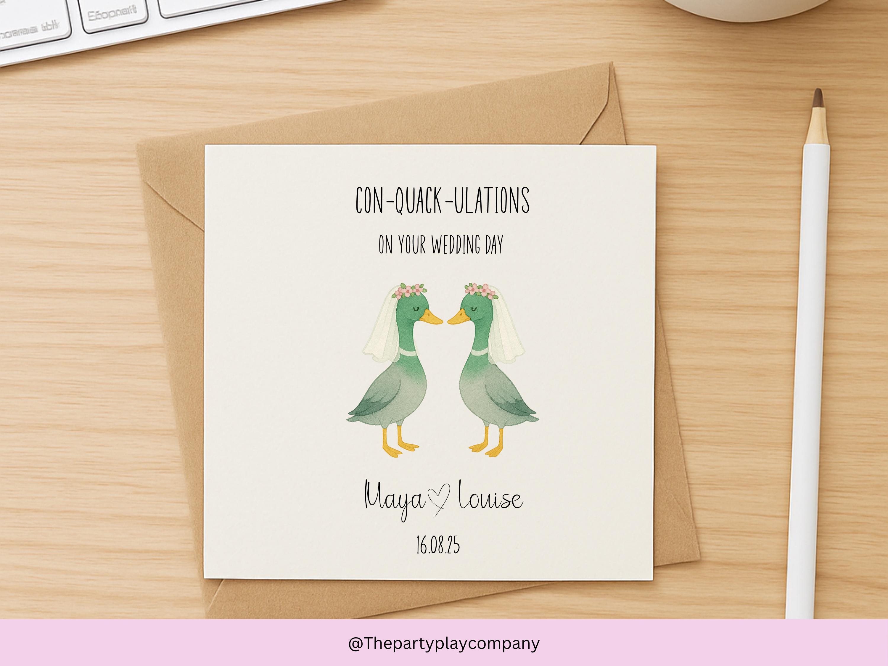 Funny Lesbian Wedding Card: Con-Quack-ulations Duck Pun - Personalized
