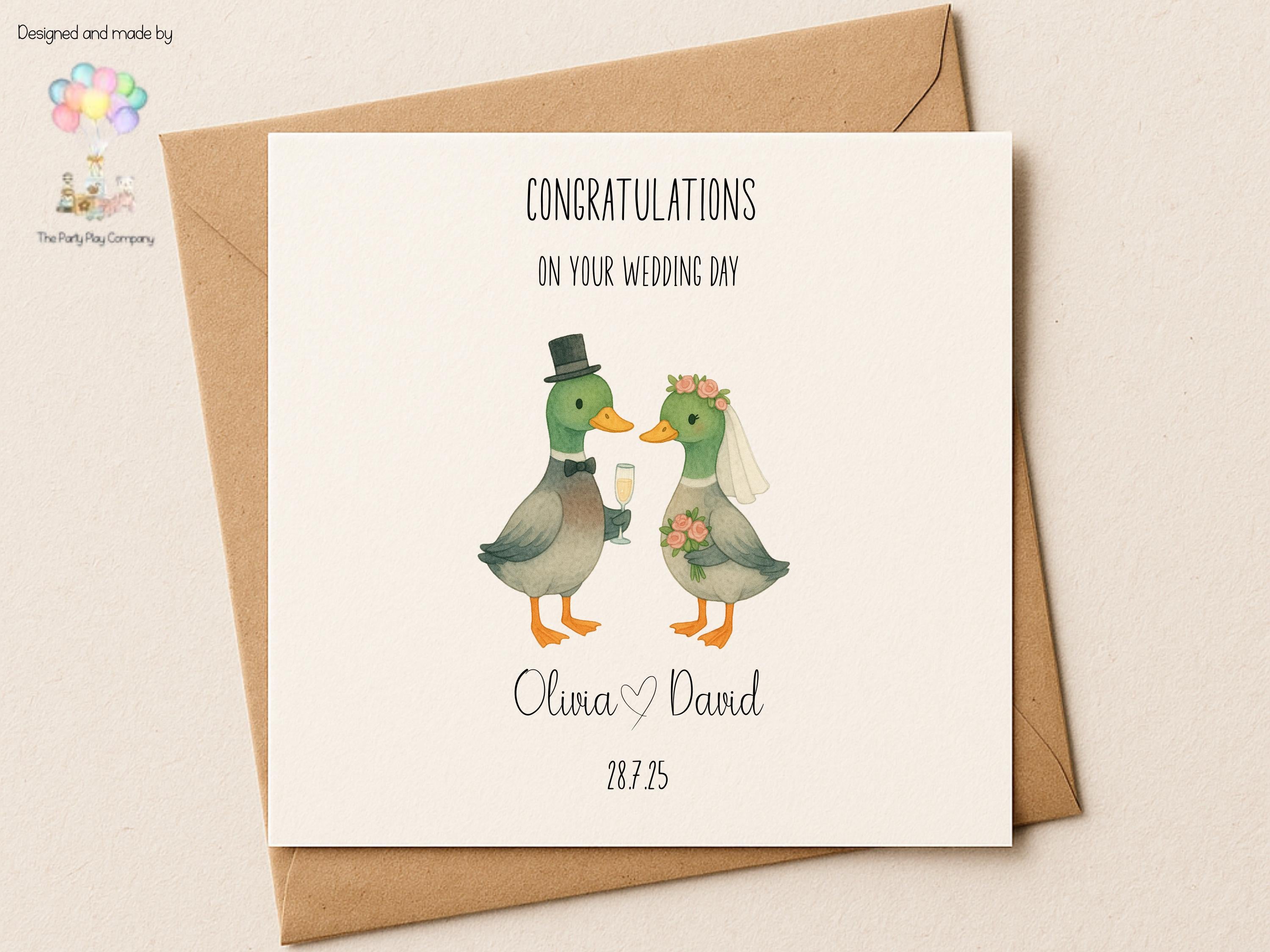 Personalised Wedding Card | Cute Duck Couple | Custom Names & Date | Engagement or Anniversary Card