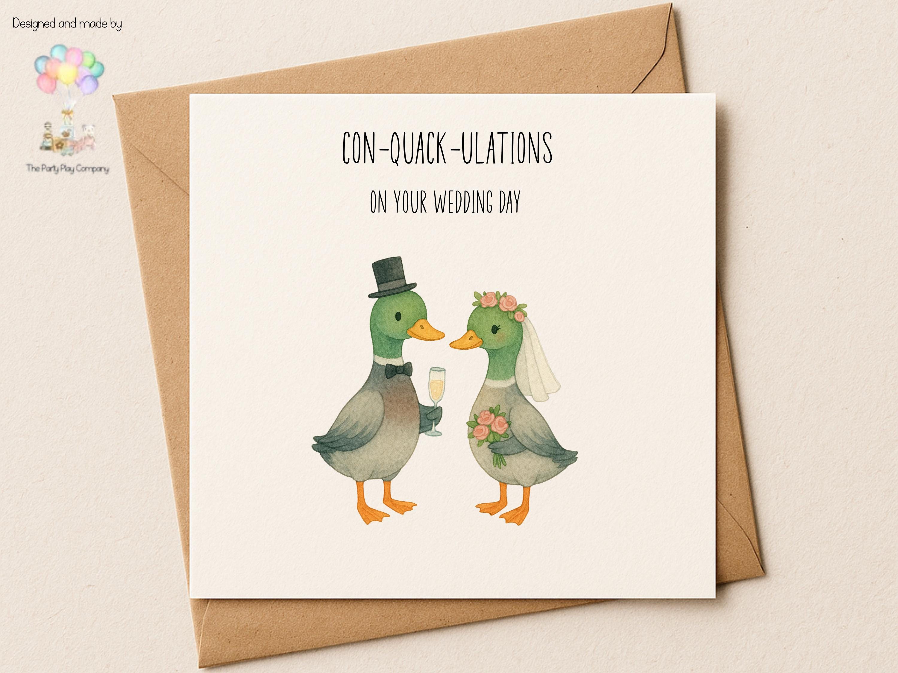 Funny Duck Wedding Card: "Con-Quack-ulations" Mallard Bride & Groom