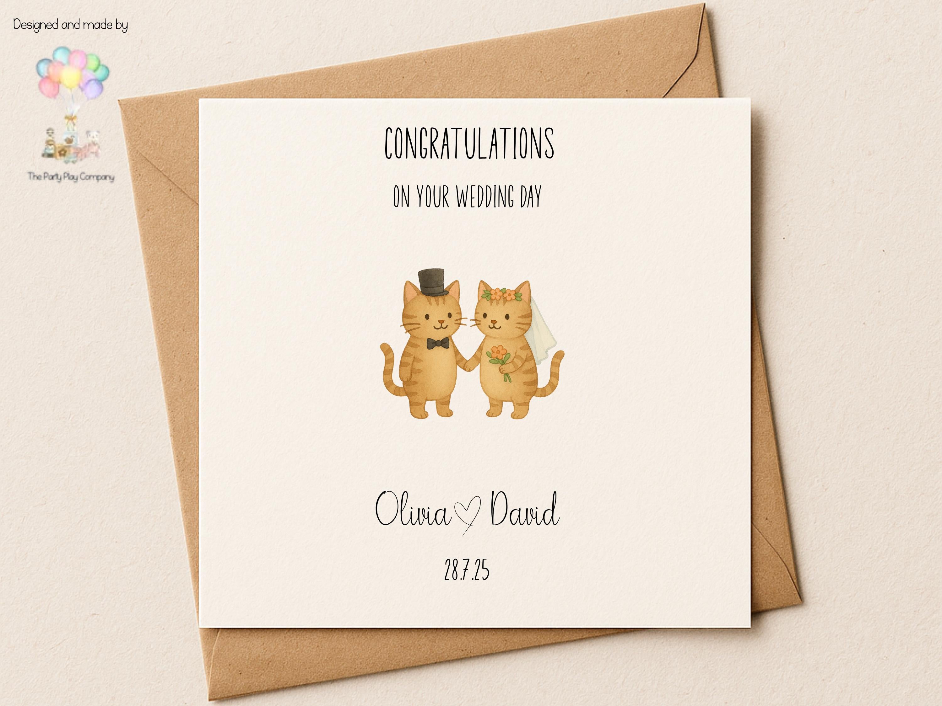 Personalised Wedding Card | Cute Cat Couple | Custom Names & Date | Engagement or Anniversary Card