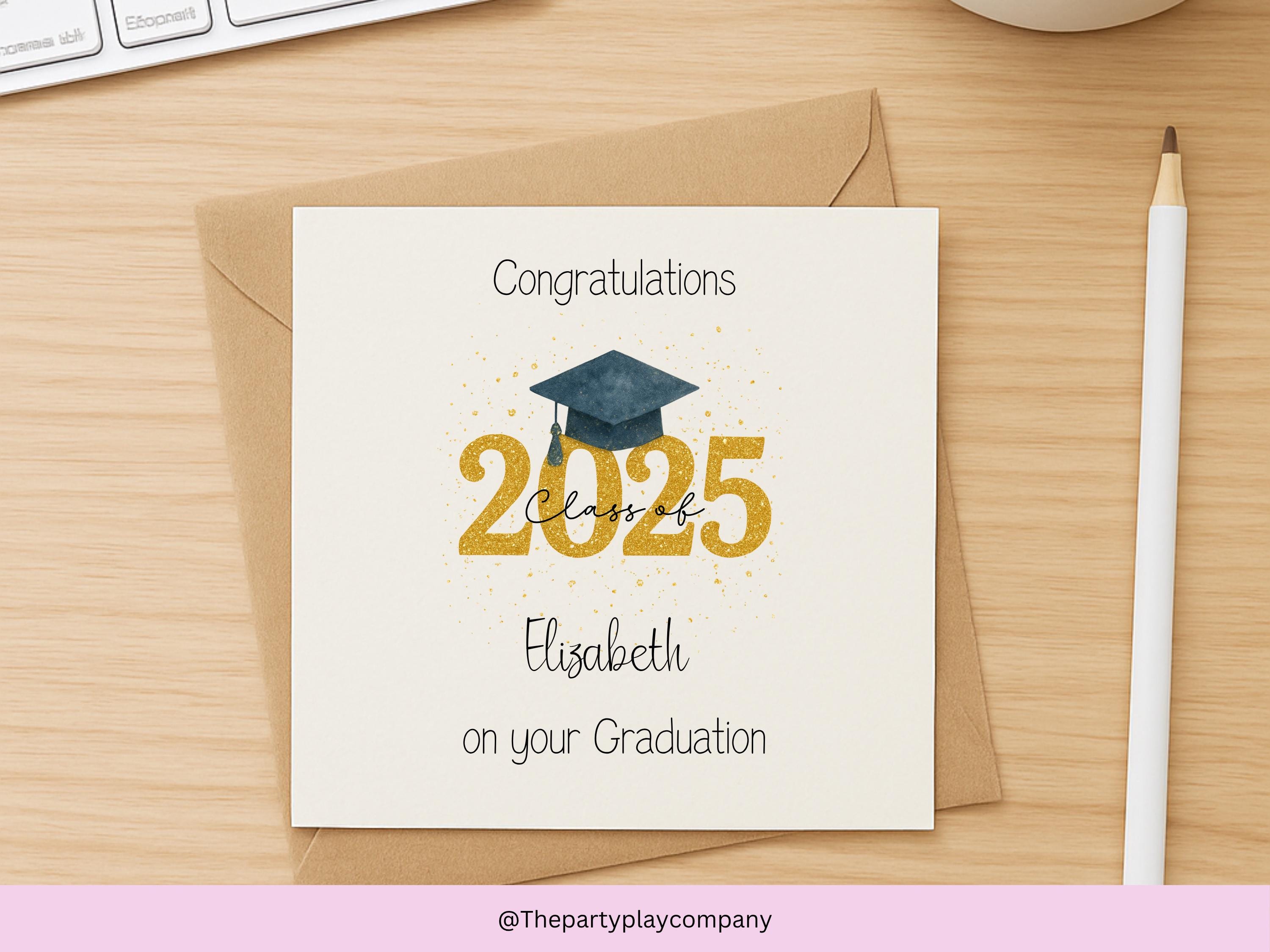 Personalized Graduation Card 2025: Glitter Cap, Custom Name