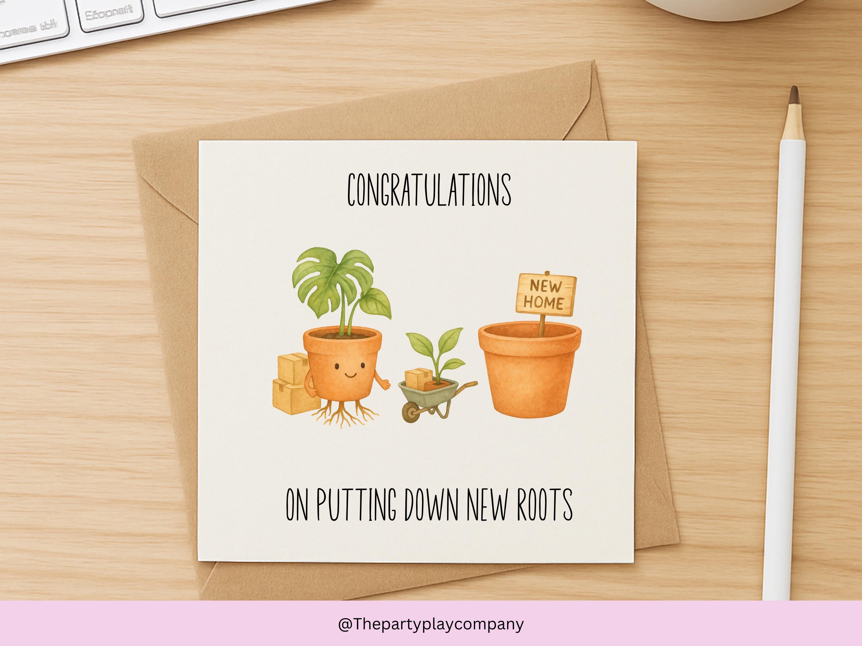 Funny New Home Card | Plant Pun Housewarming Card | Putting Down New Roots Greeting | Quirky Moving Home Card | 4 for 10 Pound Offer