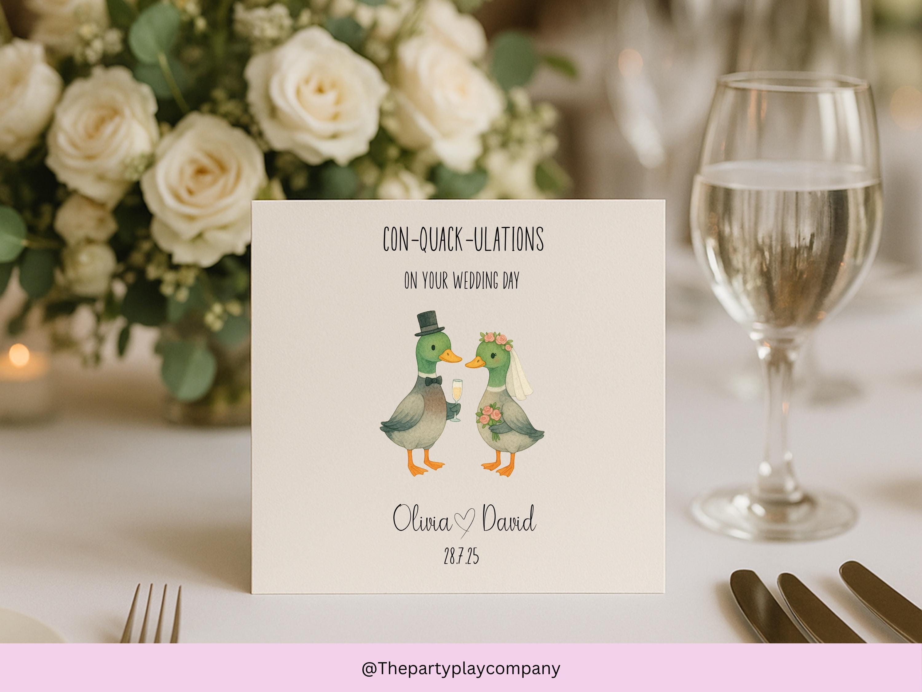 Personalized Duck Wedding Card: "Con-Quack-ulations" Animal Pun