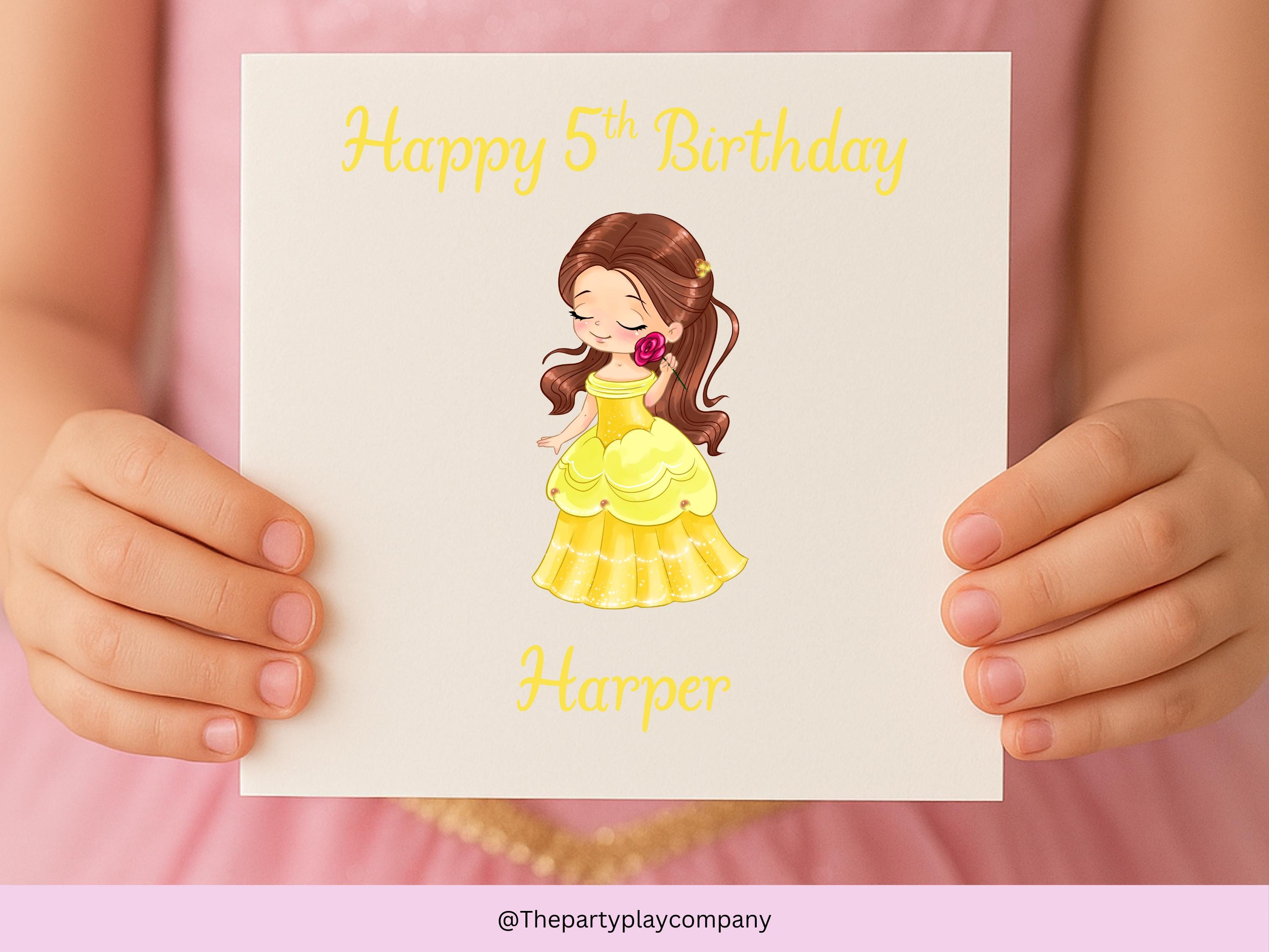 Personalized Princess Birthday Card: Yellow Gown, Custom Name & Age