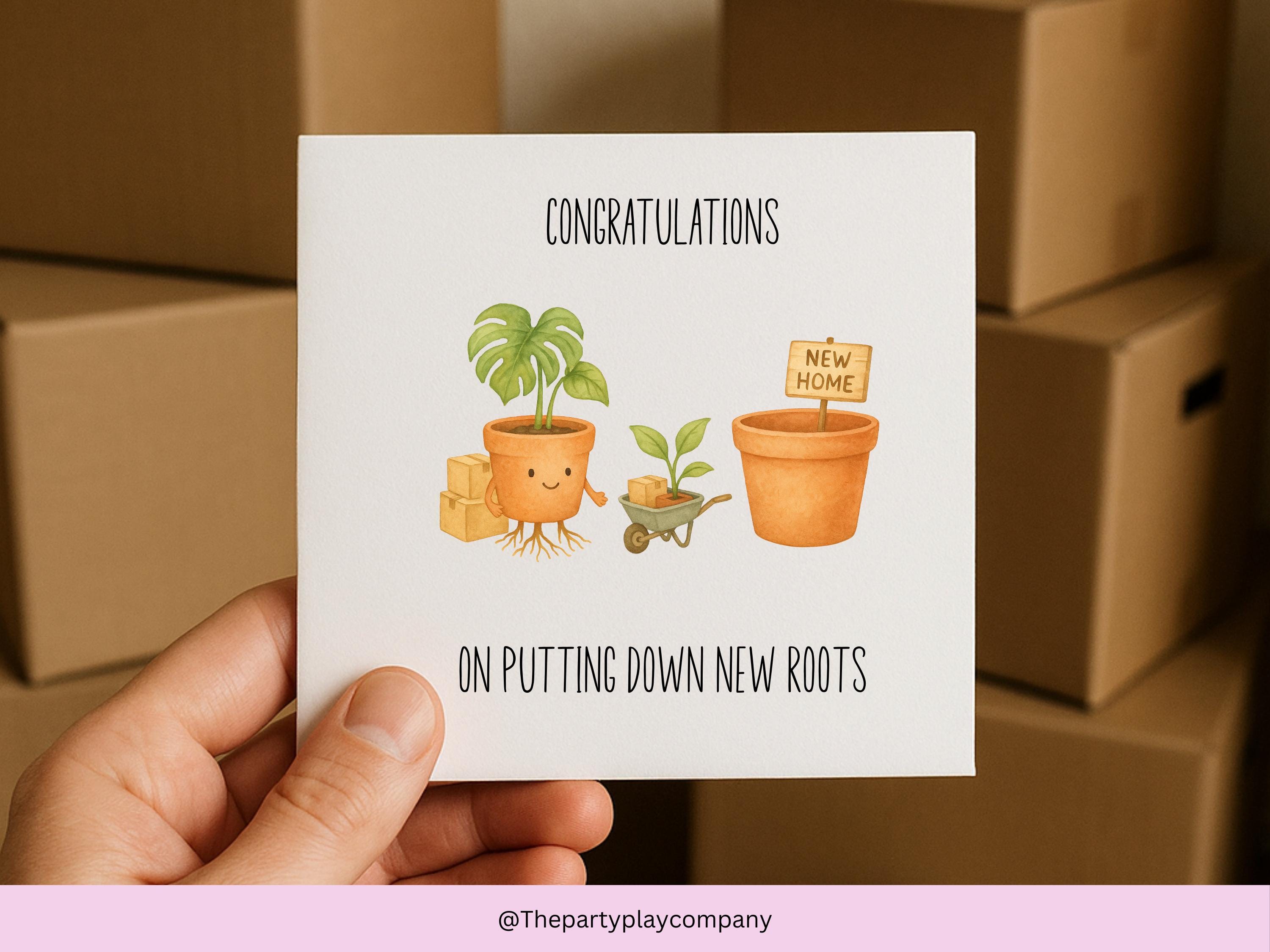 Funny New Home Card | Plant Pun Housewarming Card | Putting Down New Roots Greeting | Quirky Moving Home Card | 4 for 10 Pound Offer