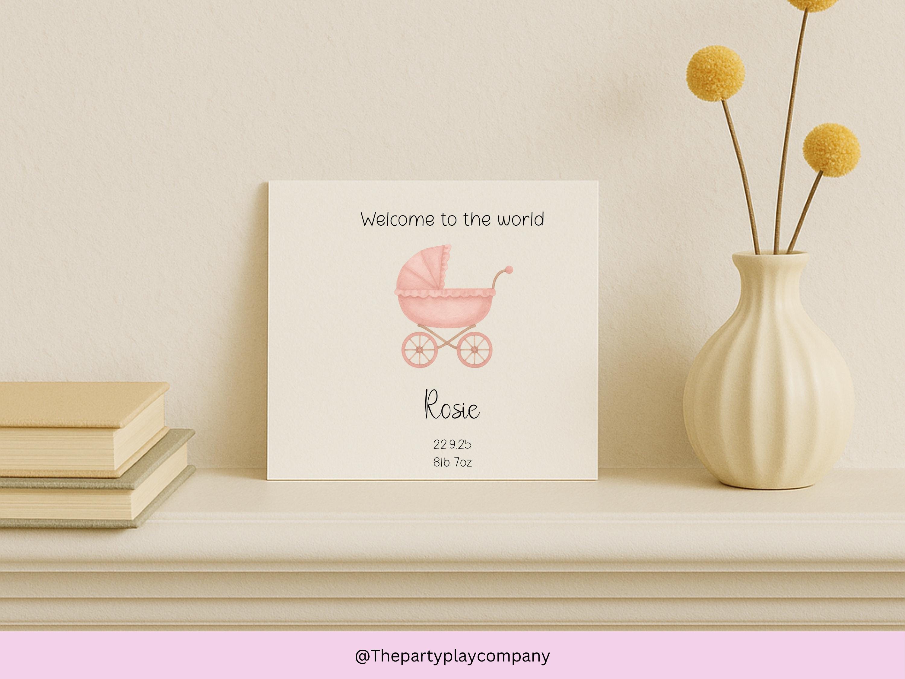 Personalised New Baby Girl Card: Pink Pram Design, Handmade Keepsake