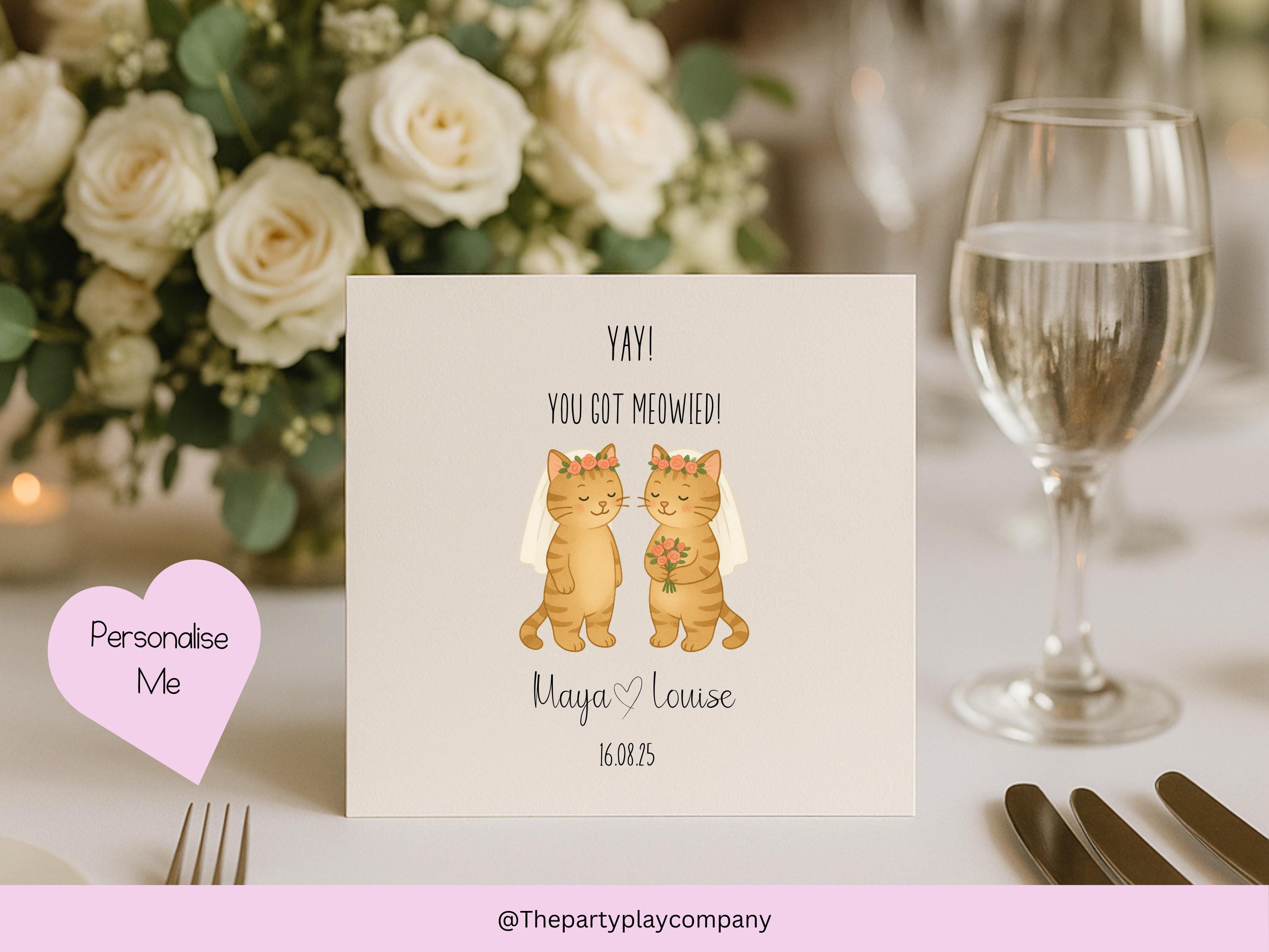 Funny Gay Wedding Card: You Got Meowied Cat Pun, Personalized Anniversary