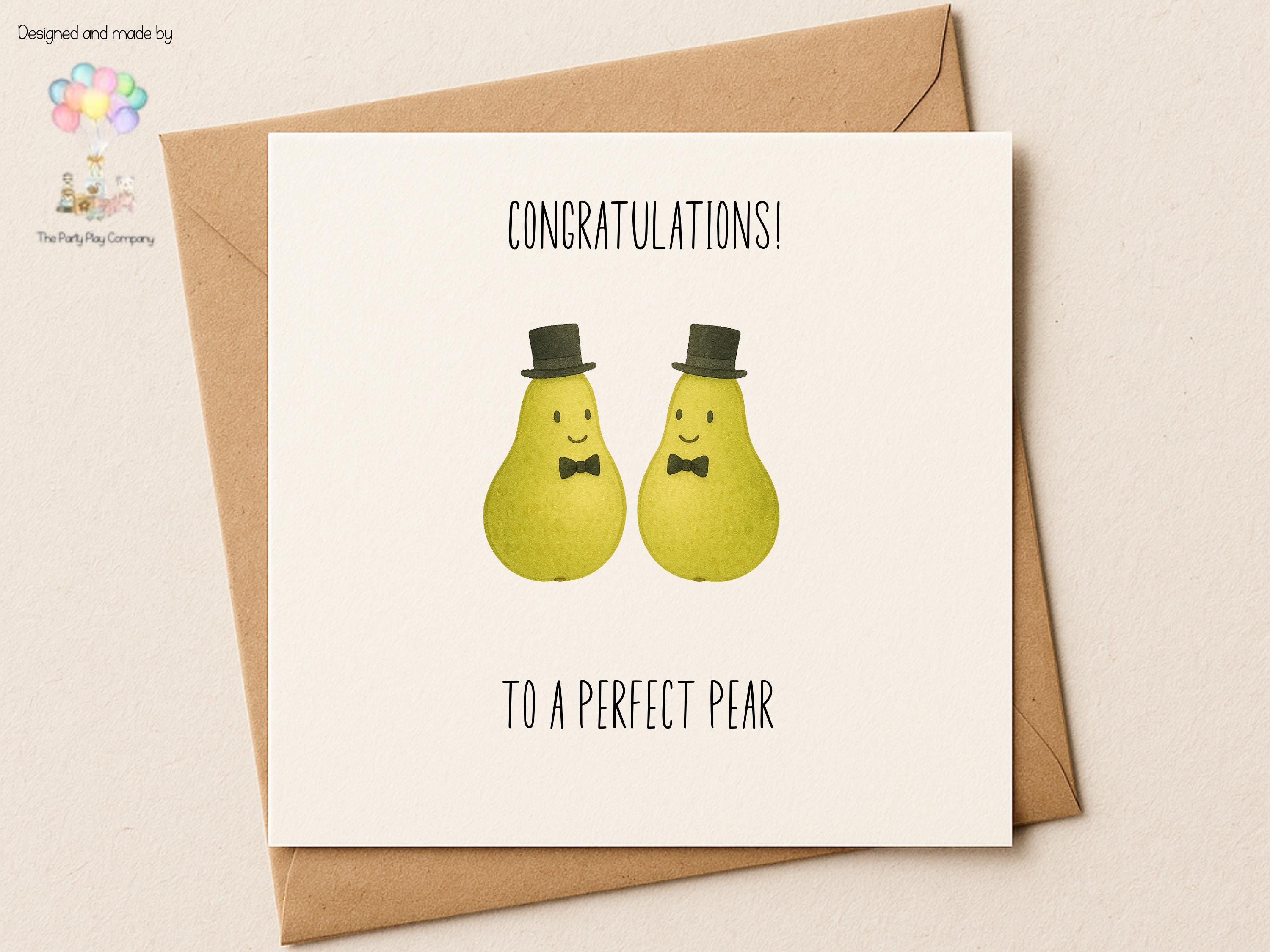 Funny LGBTQ Gay Wedding Card – Perfect Pear Pun – Cute Groom Pears Illustration – Same-Sex Marriage Card for Him