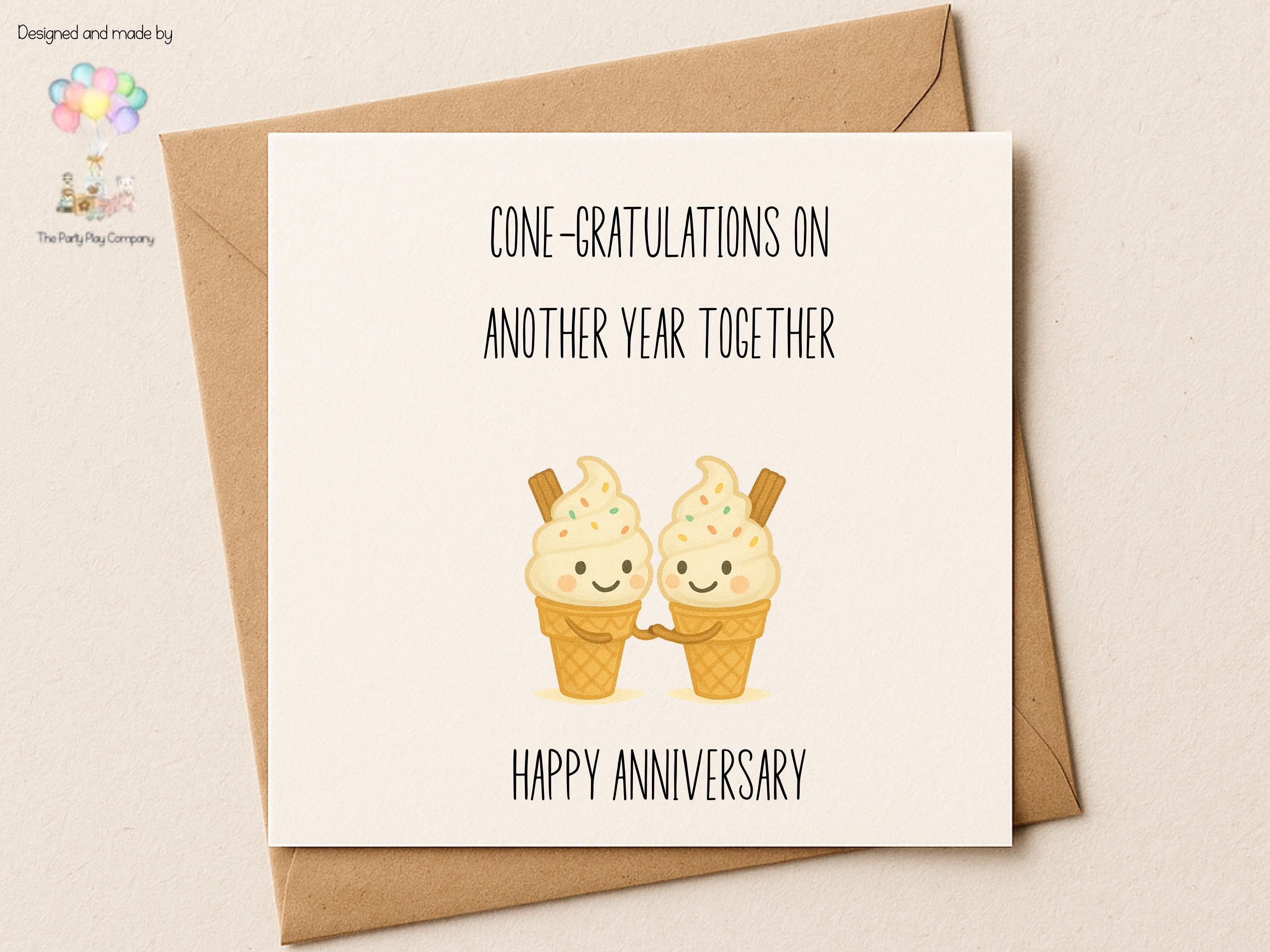Funny Ice Cream Anniversary Card: Kawaii Couple 'Cone-gratulations'