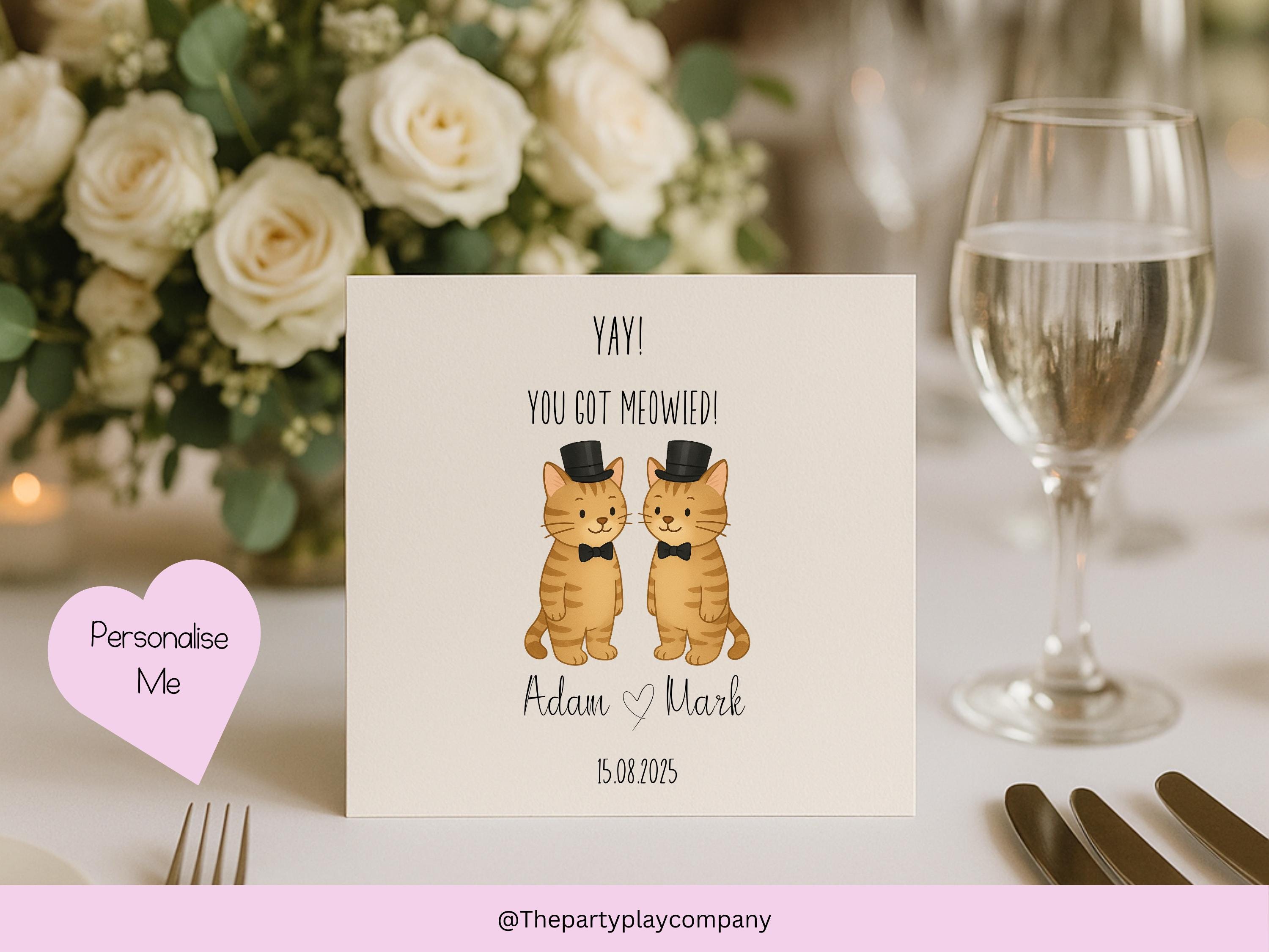 Funny Gay Wedding Card: You Got Meowied Cat Pun, Personalized Anniversary