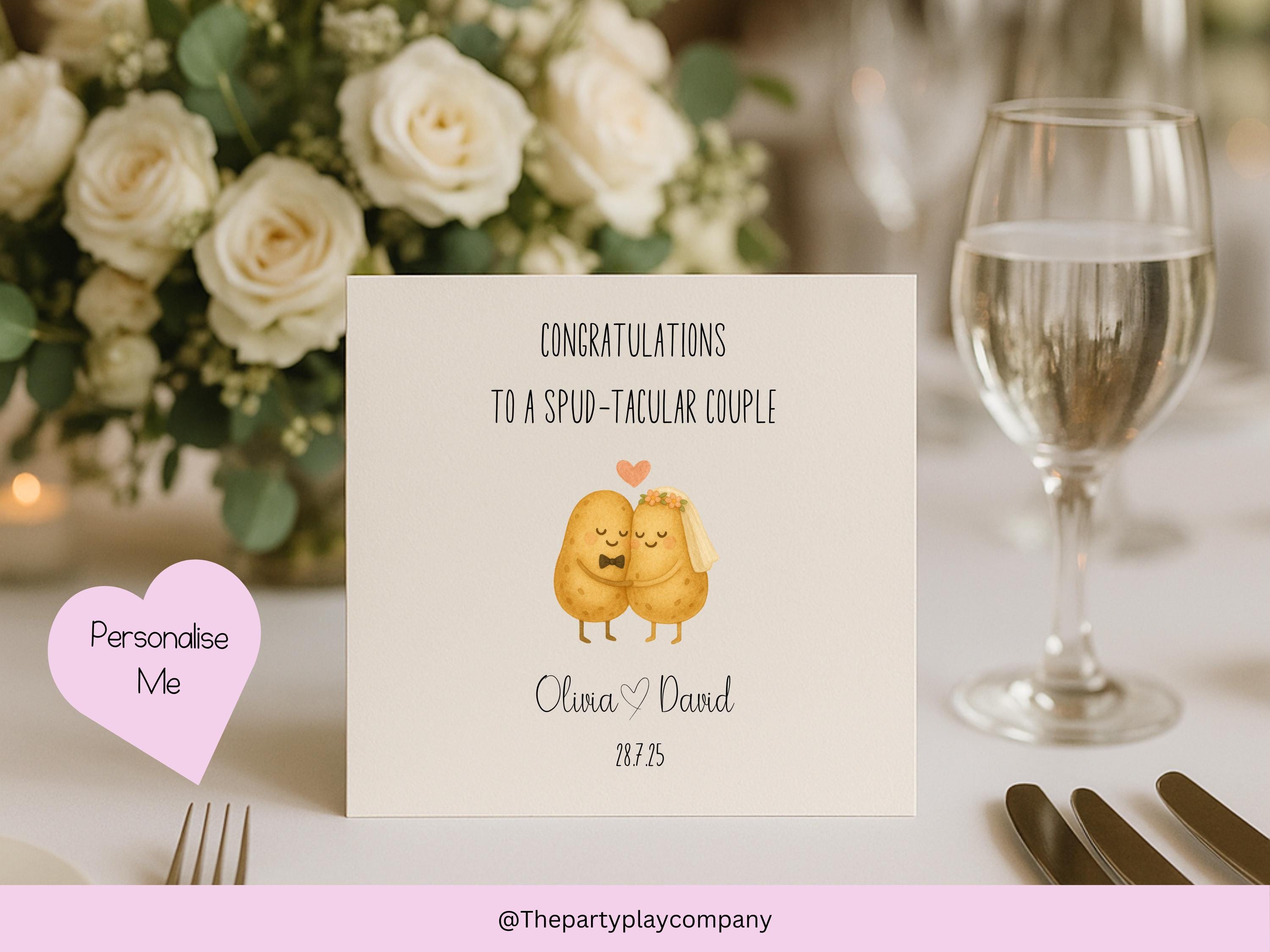 Personalised Wedding Card | Cute Potato Couple Pun "To a Spud-tacular Couple" | Custom Names & Date | Funny Engagement Anniversary Card
