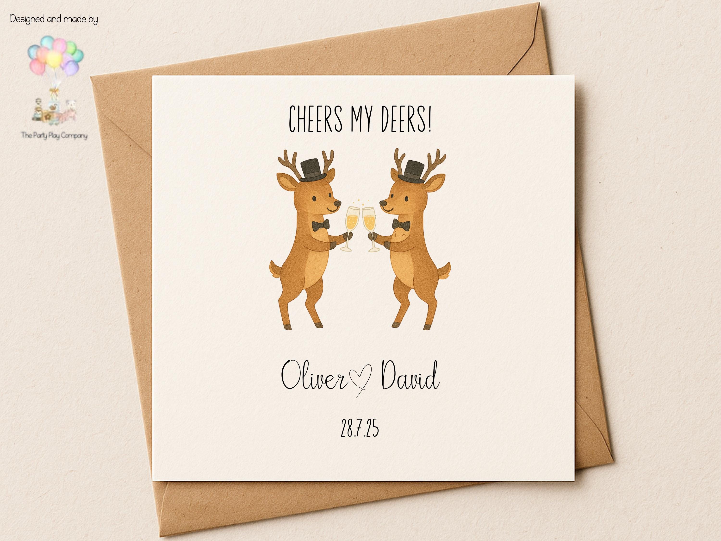 Funny Gay Wedding Card: Cheers My Deers Pun, Personalized LGBTQ+ Anniversary
