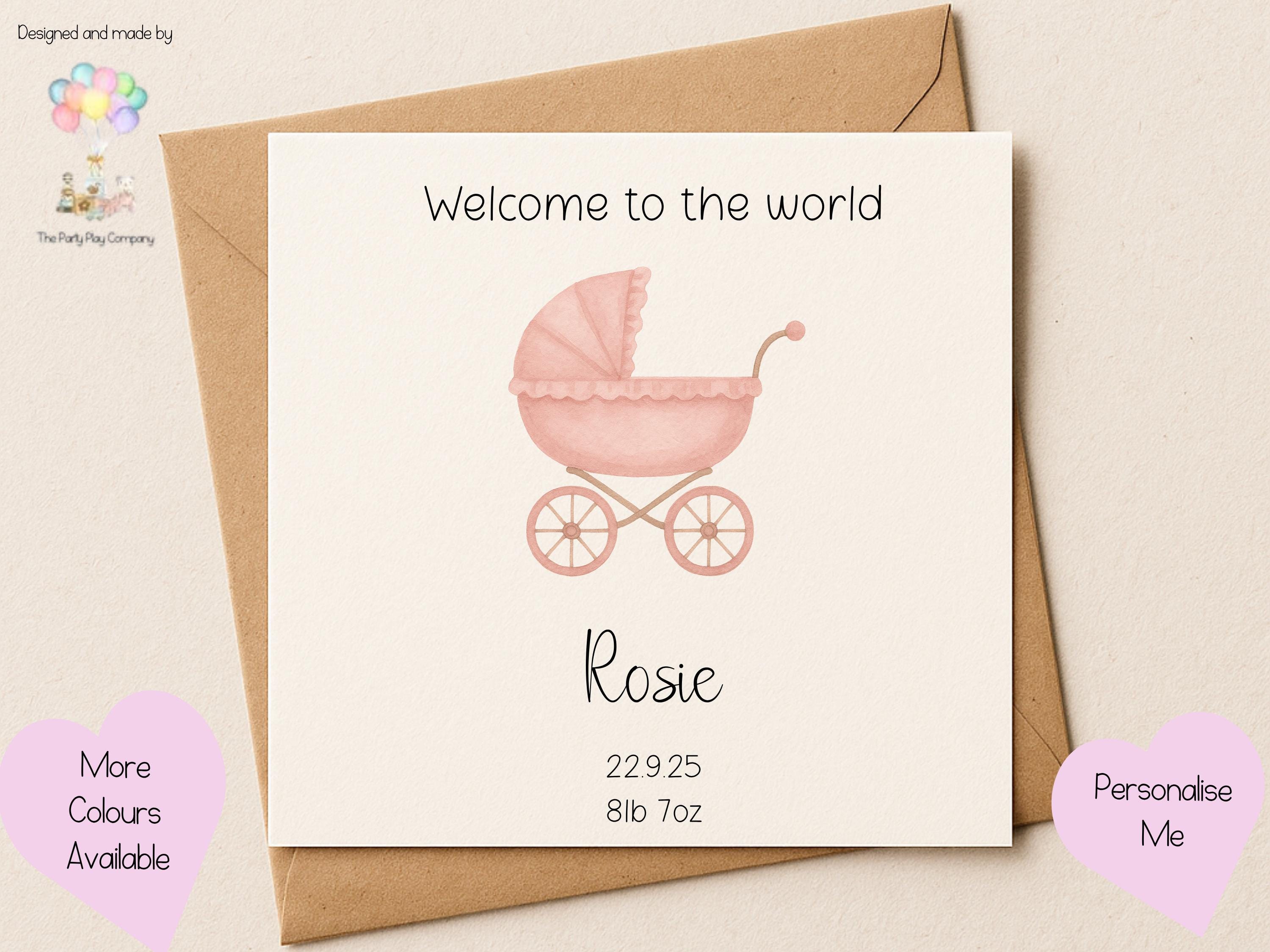 Personalised New Baby Girl Card: Pink Pram Design, Handmade Keepsake