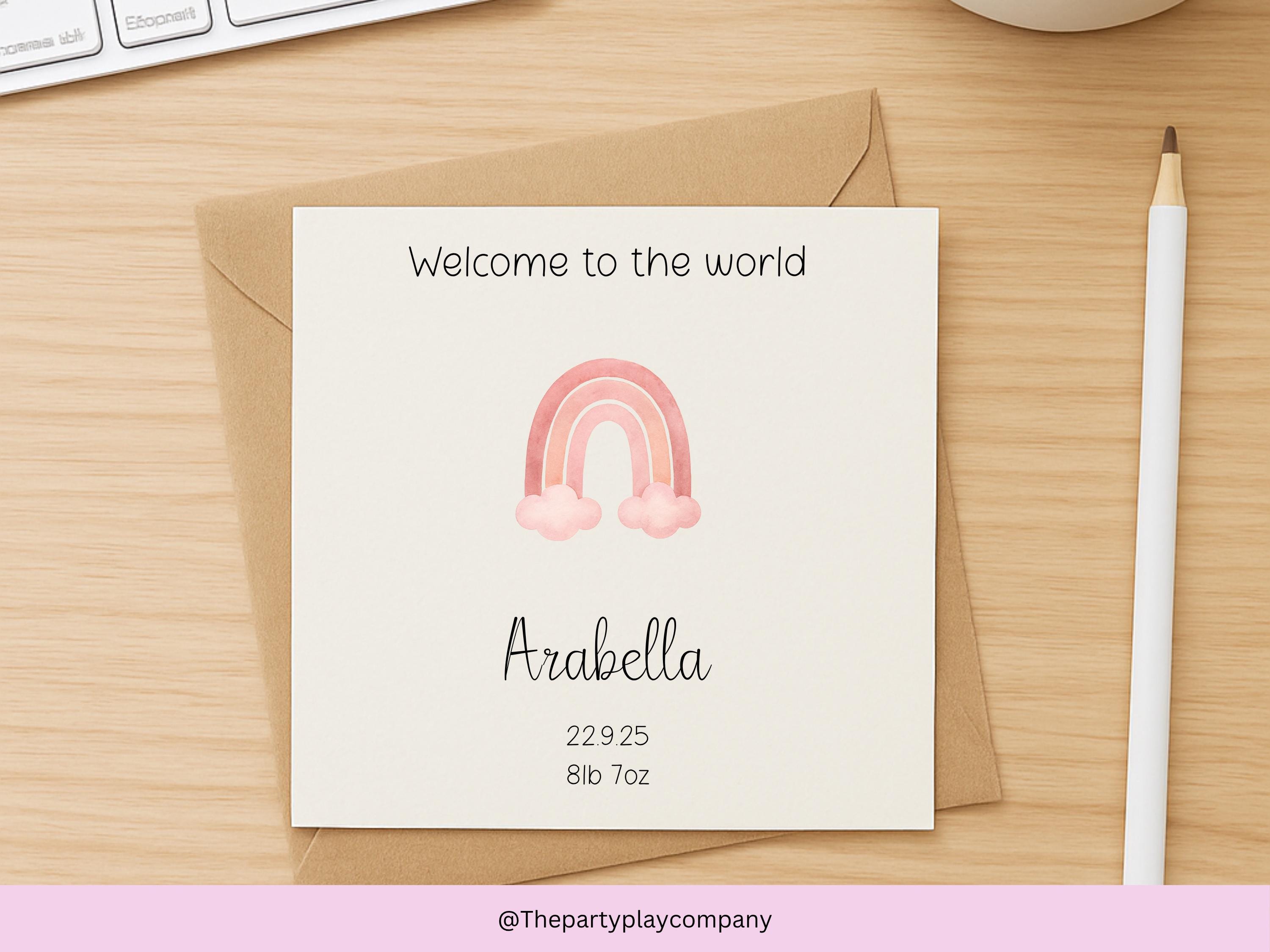 Personalized Baby Girl Card: Pink Watercolor Rainbow, Custom Birth Date