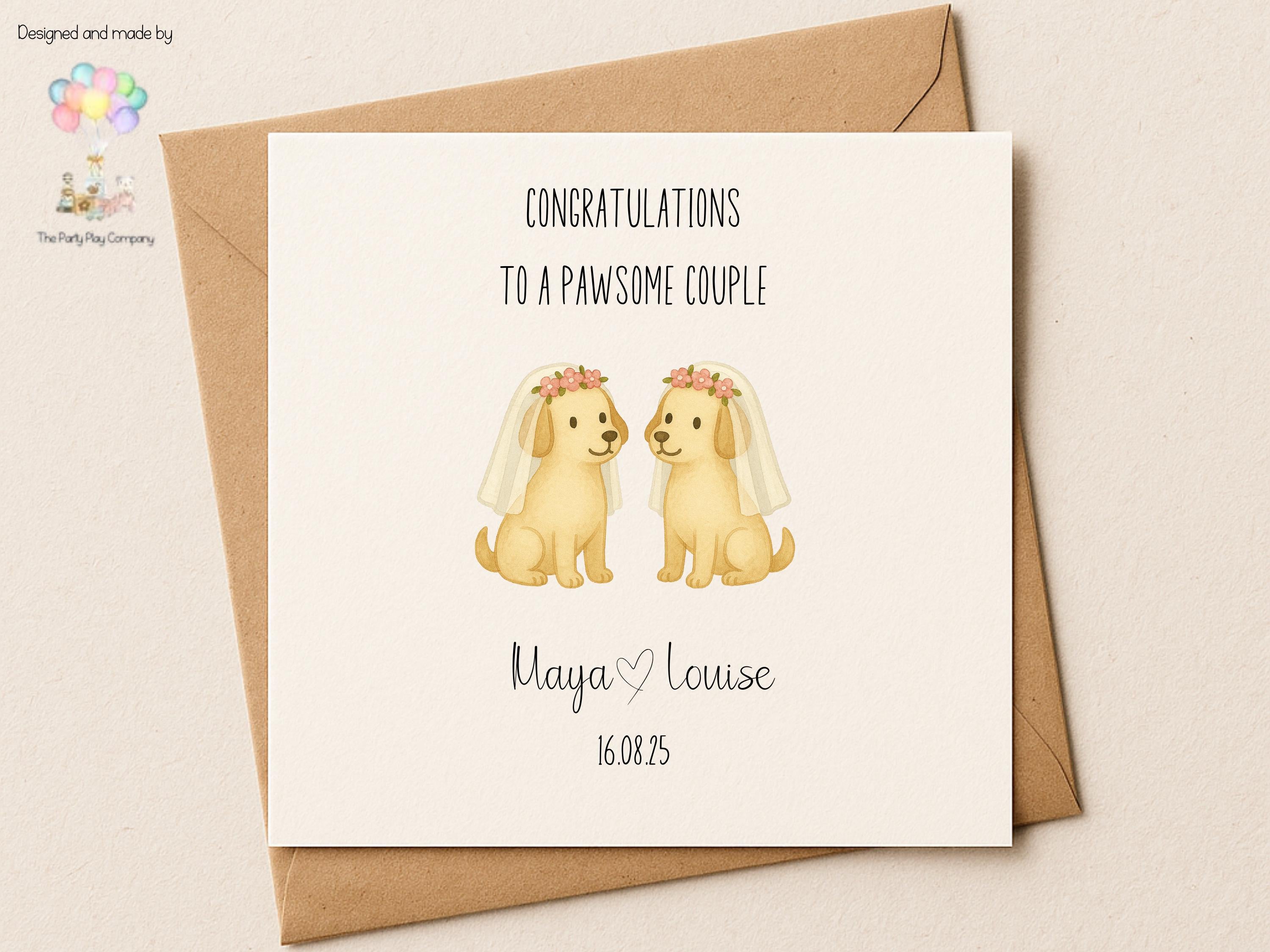 Funny Lesbian Wedding Card: Pawsome Dog Pun, Personalized LGBTQ+ Anniversary