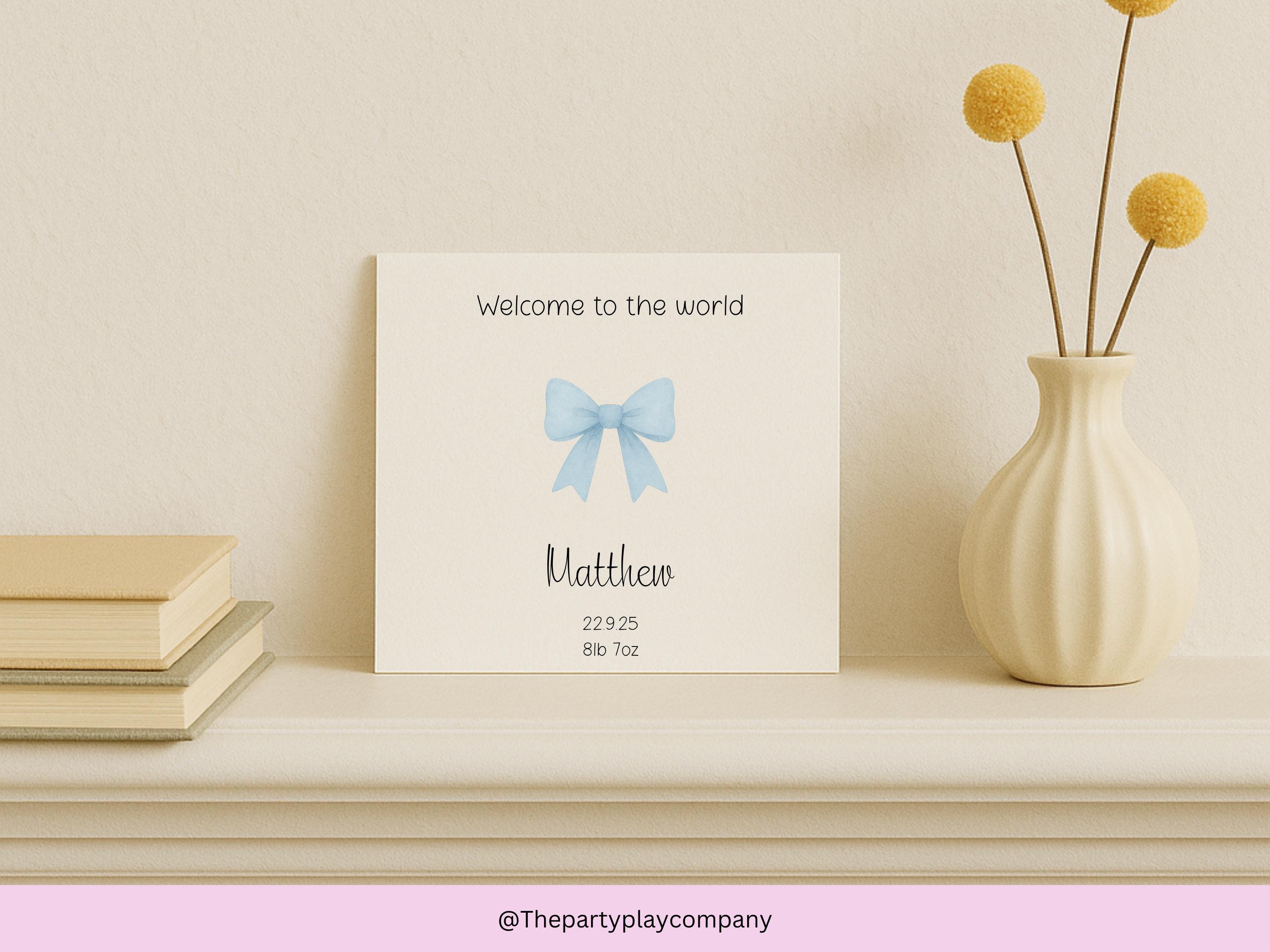 Personalized New Baby Boy Card: Blue Bow, Handmade UK
