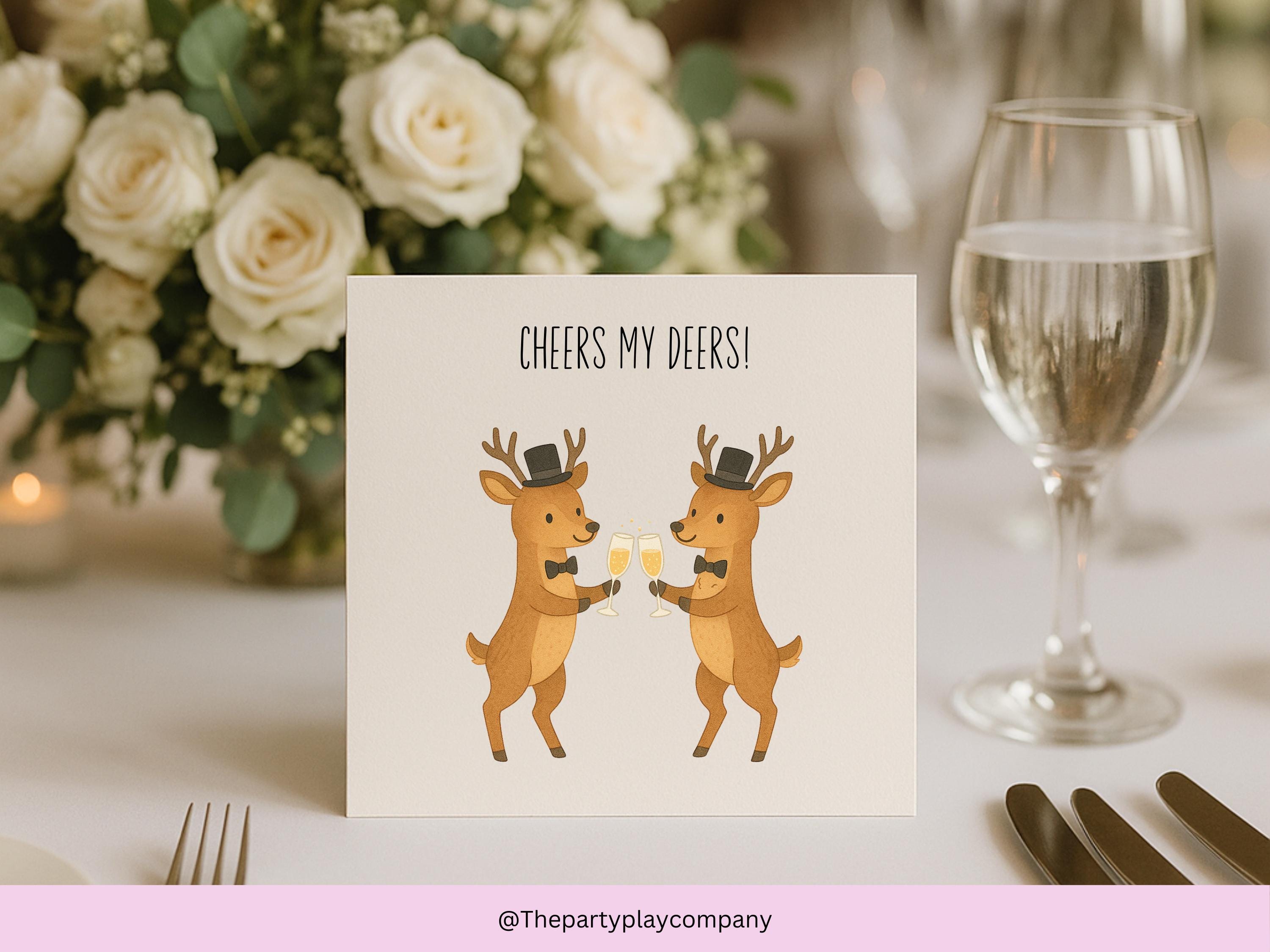 Funny LGBTQ Gay Wedding Card – Cheers My Deers Pun – Cute Groom Deer Illustration – Same-Sex Marriage Card for Him