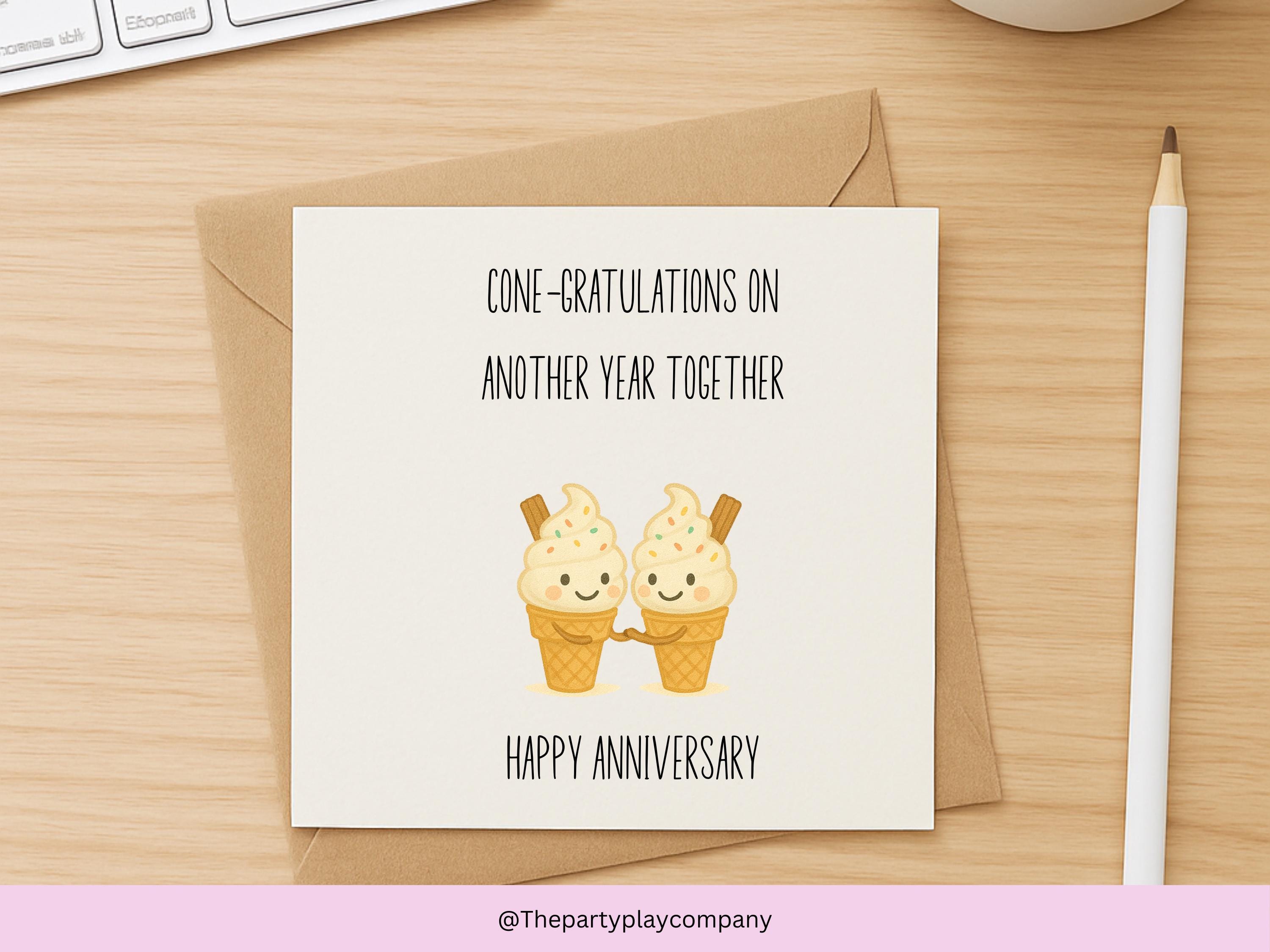Funny Ice Cream Anniversary Card: Kawaii Couple 'Cone-gratulations'