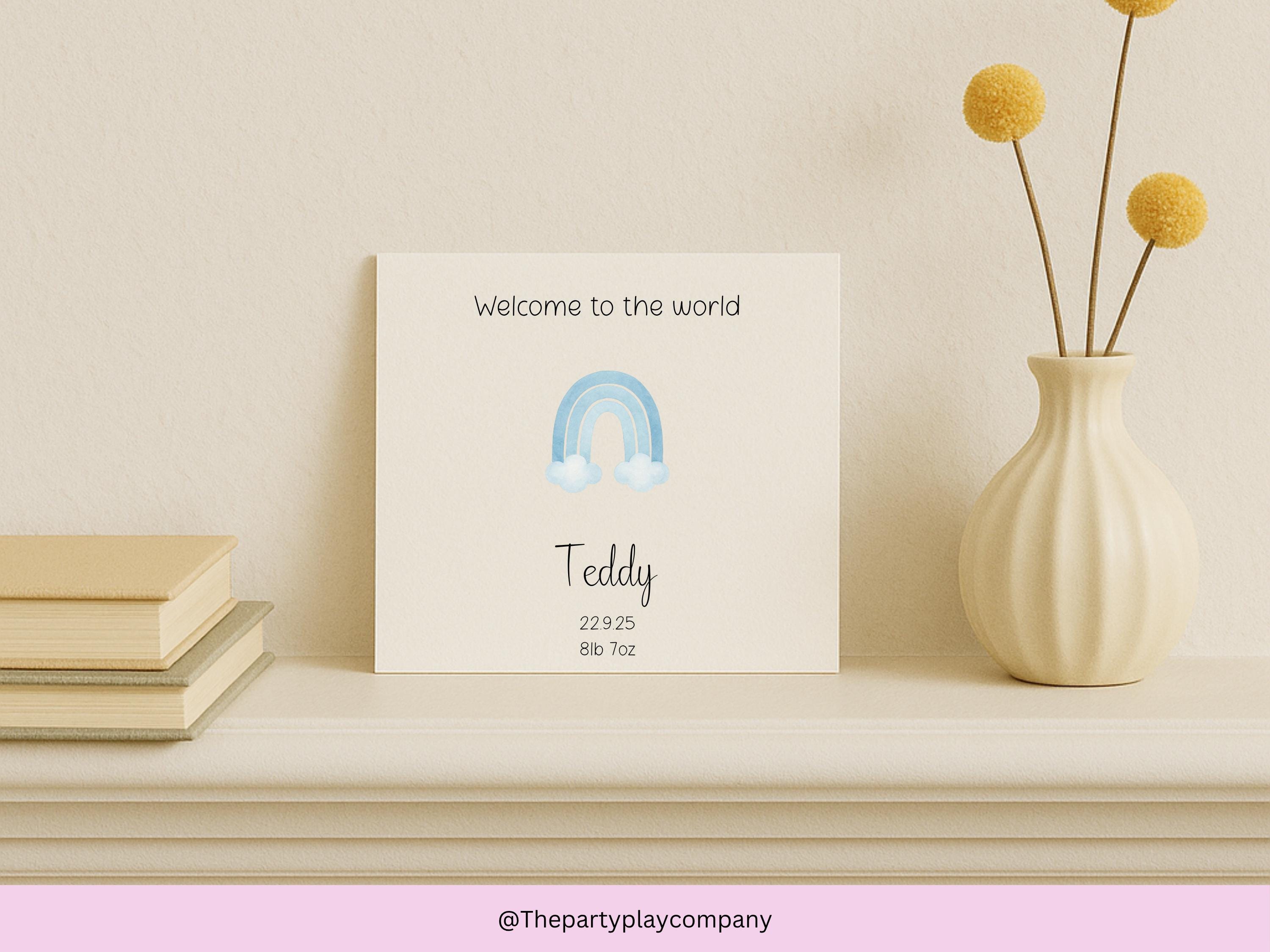 Personalized Baby Boy Card: Blue Watercolor Rainbow, Custom Birth Stats