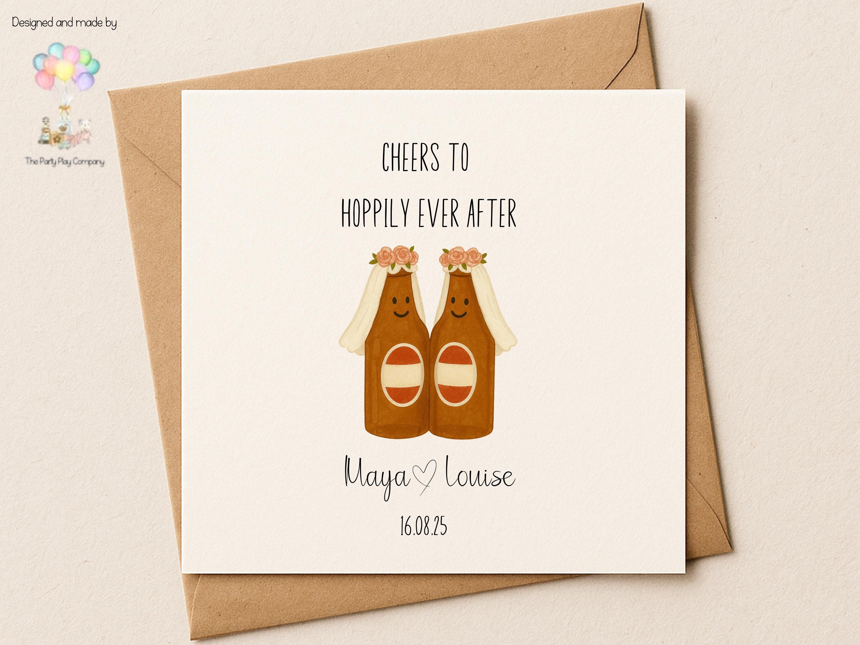 Funny Lesbian Wedding Card: Hoppily Ever After Beer Pun - Personalized LGBTQ+ Anniversary