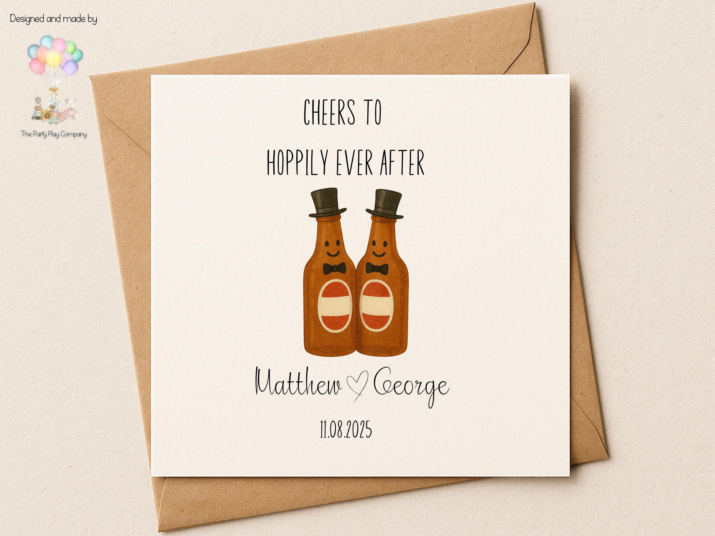 Funny Gay Wedding Card: Hoppily Ever After Beer Pun, Personalised LGBTQ+ Anniversary