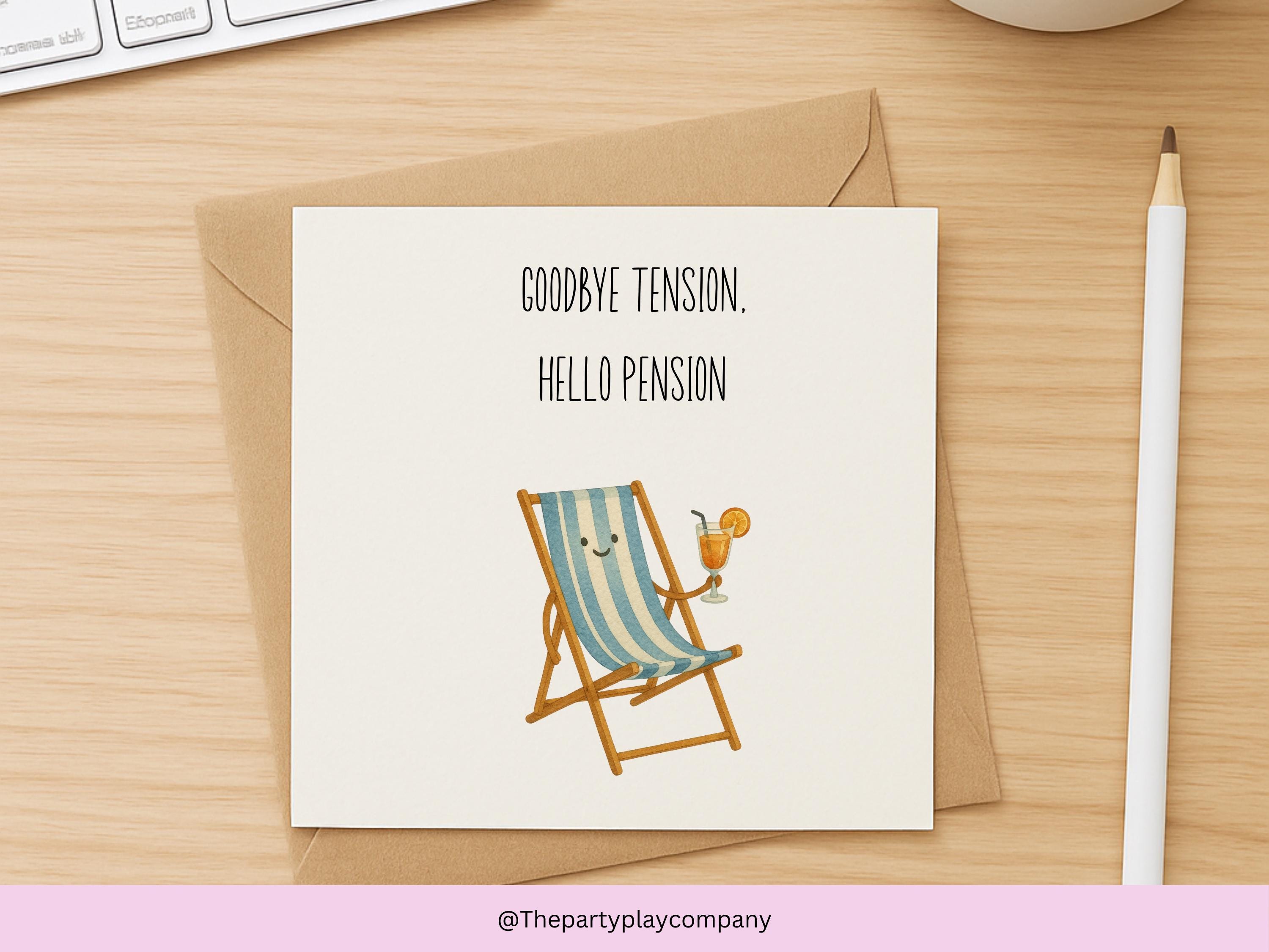 Funny Retirement Card | Goodbye Tension Hello Pension | Quirky Deckchair Pun Card | Happy Retirement Greeting | 4 for 10 Pound Offer