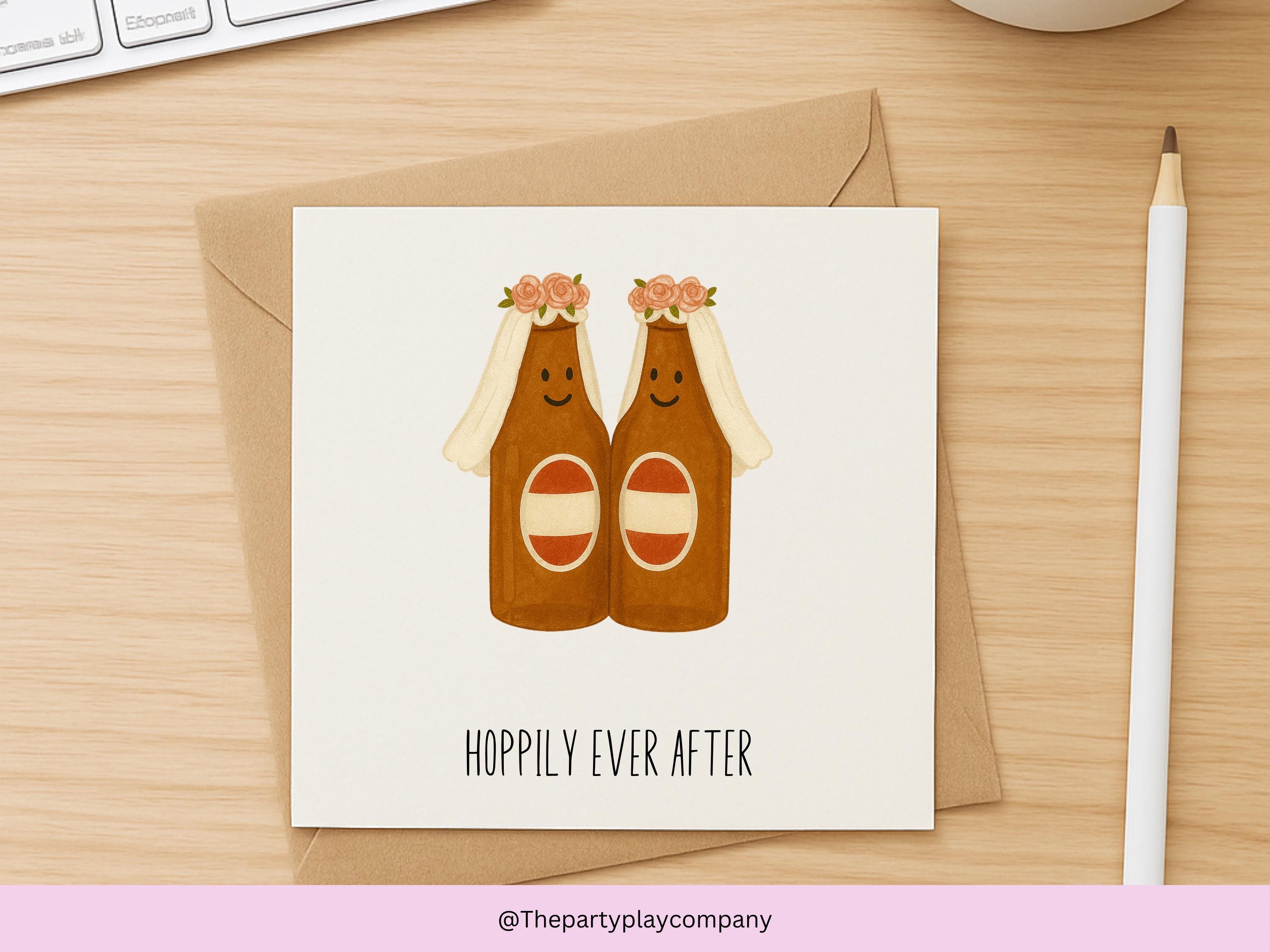 Funny Lesbian Wedding Card: Hoppily Ever After Beer Bottles