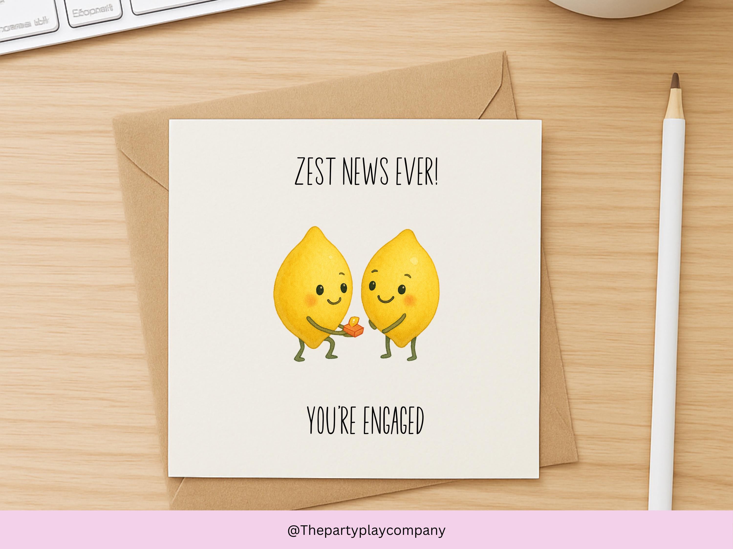 Funny Engagement Card | Lemon Pun Couple | Zest News Ever | Cute Congratulations Card for Engagement