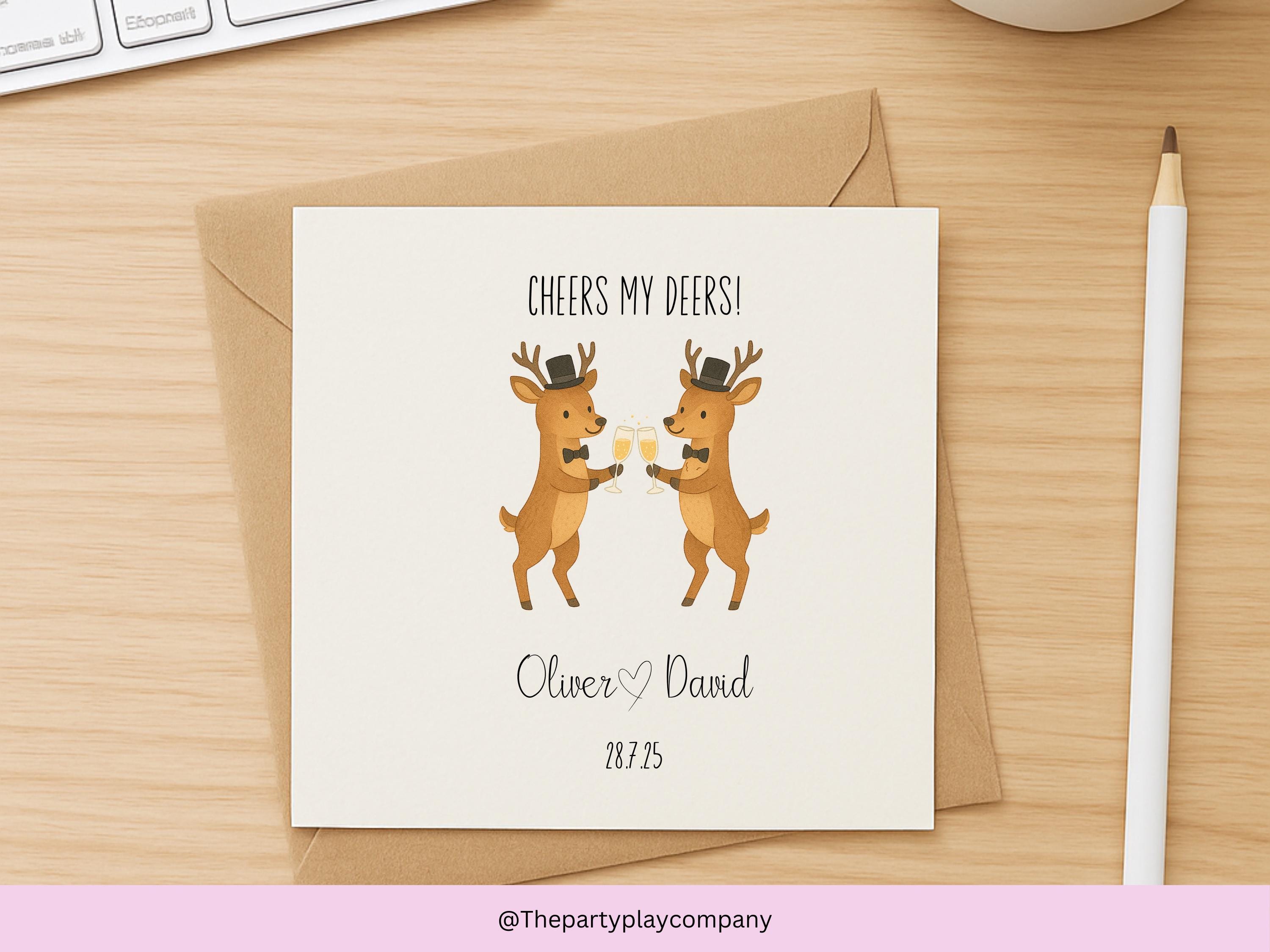 Funny Gay Wedding Card: Cheers My Deers Pun, Personalized LGBTQ+ Anniversary