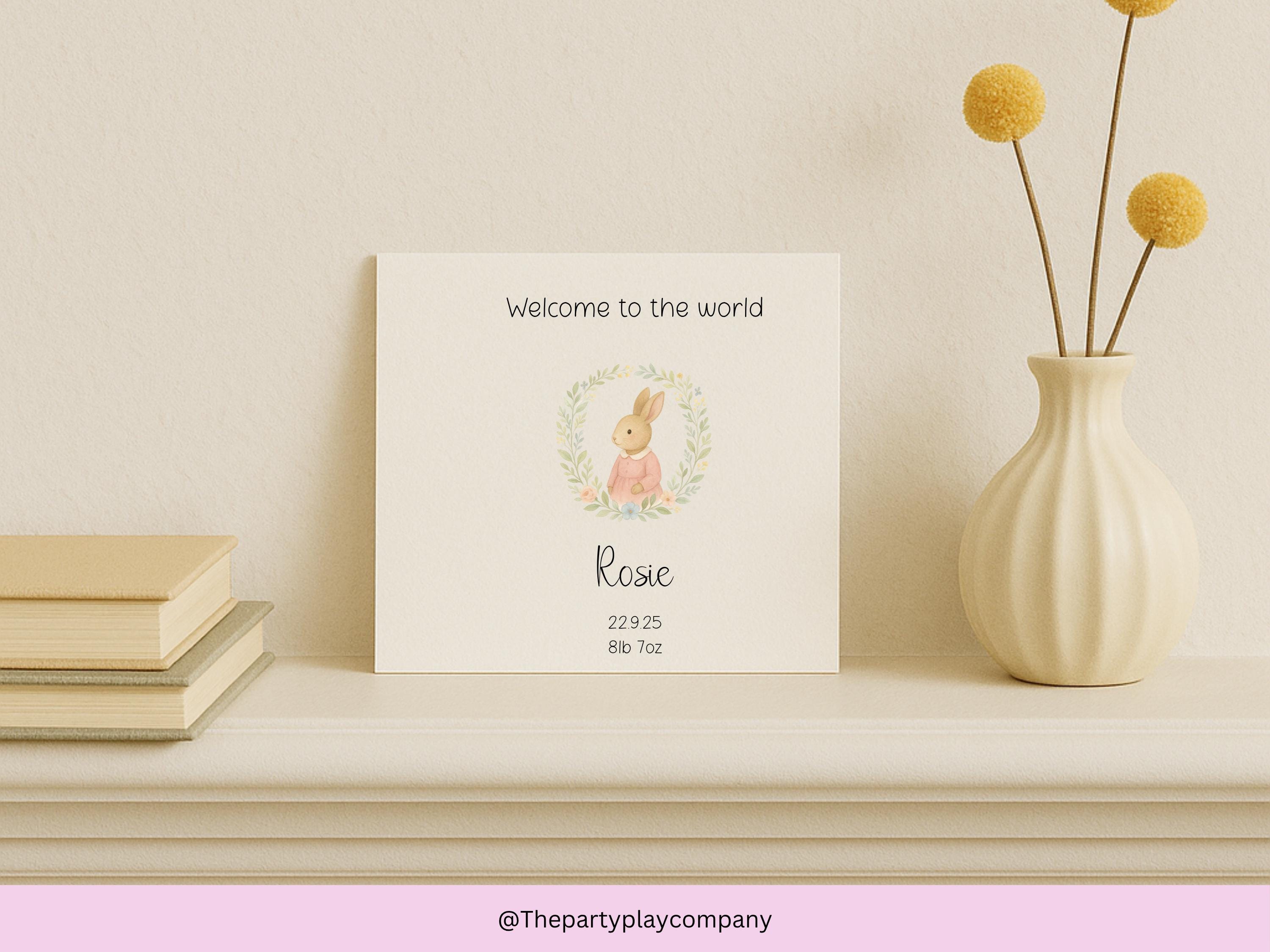 Personalised New Baby Girl Card: Pink Bunny, Name & Date Keepsake