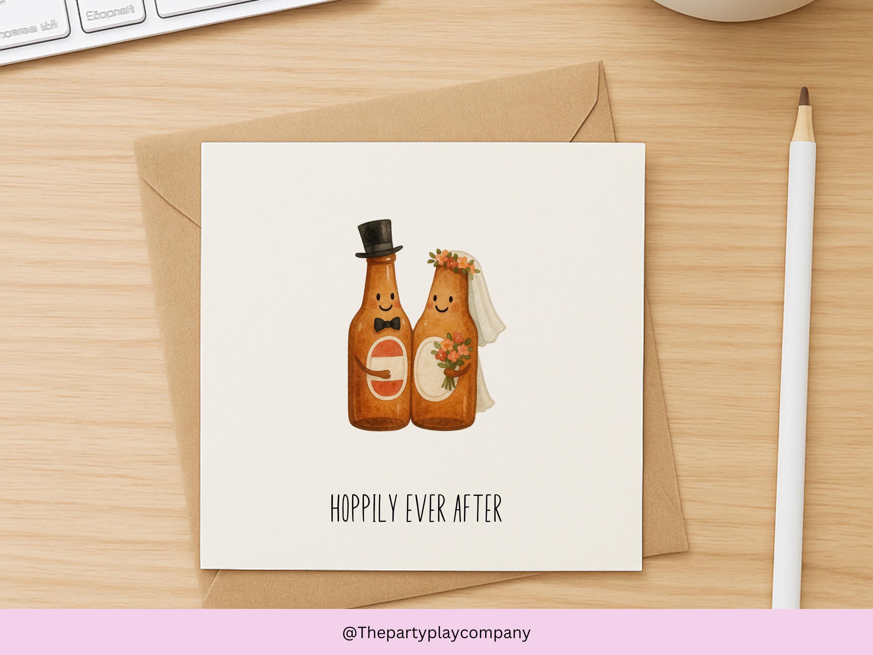 Funny Wedding Card: Hoppily Ever After Beer Bottle Bride & Groom