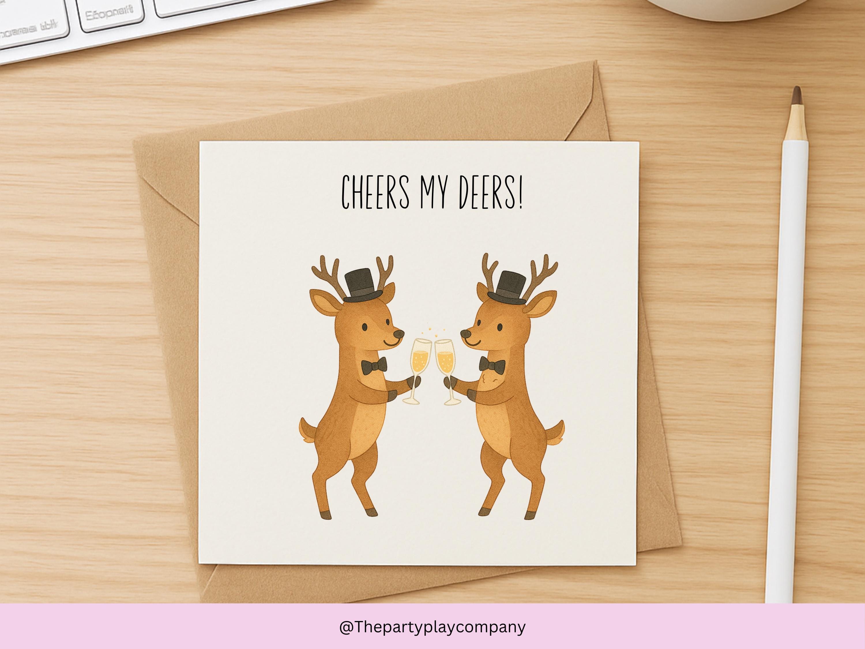 Funny LGBTQ Gay Wedding Card – Cheers My Deers Pun – Cute Groom Deer Illustration – Same-Sex Marriage Card for Him