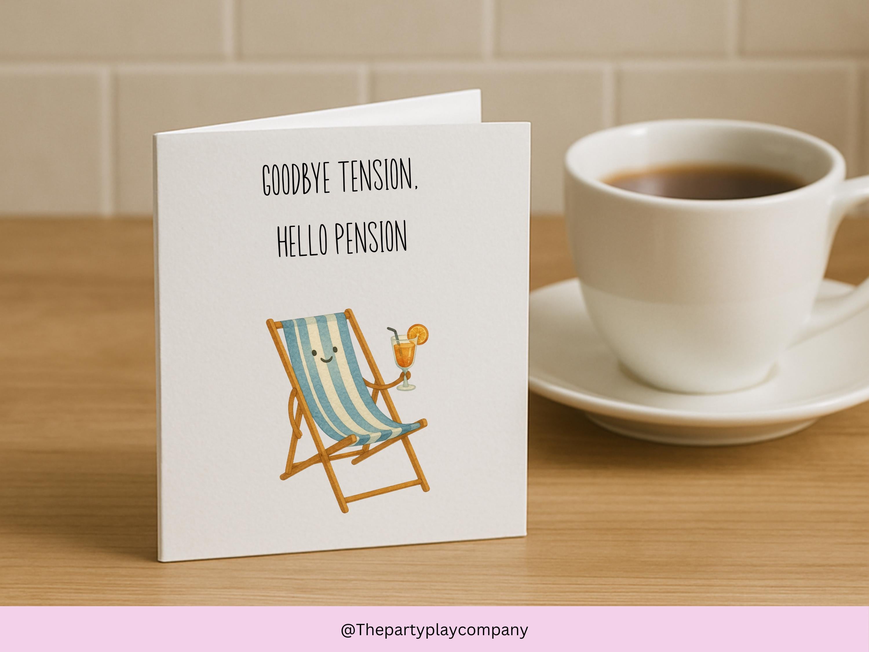 Funny Retirement Card | Goodbye Tension Hello Pension | Quirky Deckchair Pun Card | Happy Retirement Greeting | 4 for 10 Pound Offer