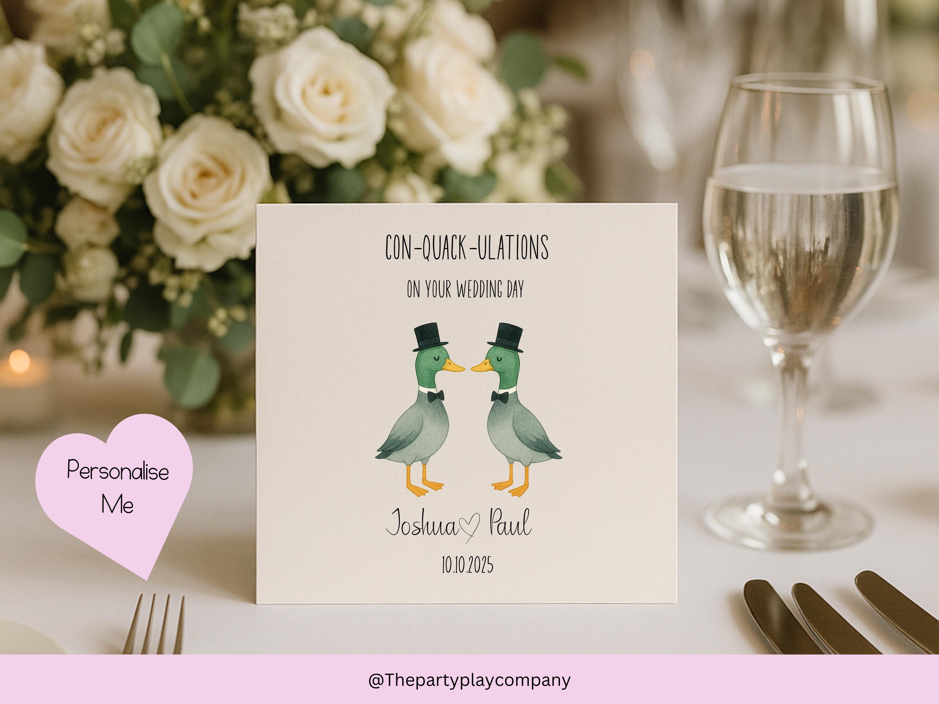 Funny Gay Wedding Card: Con-Quack-ulations Duck Pun - Personalized LGBTQ+ Anniversary