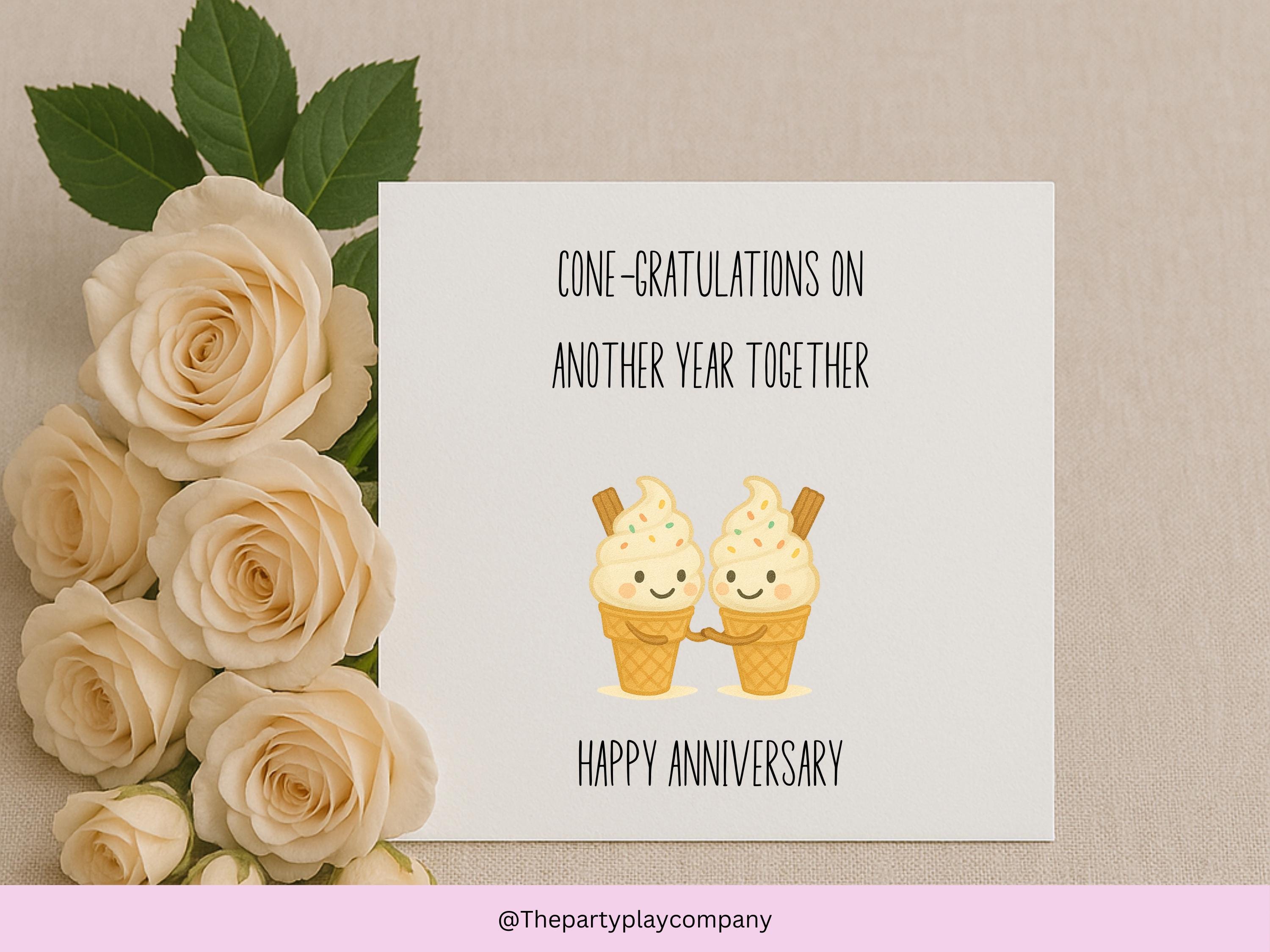 Funny Ice Cream Anniversary Card: Kawaii Couple 'Cone-gratulations'