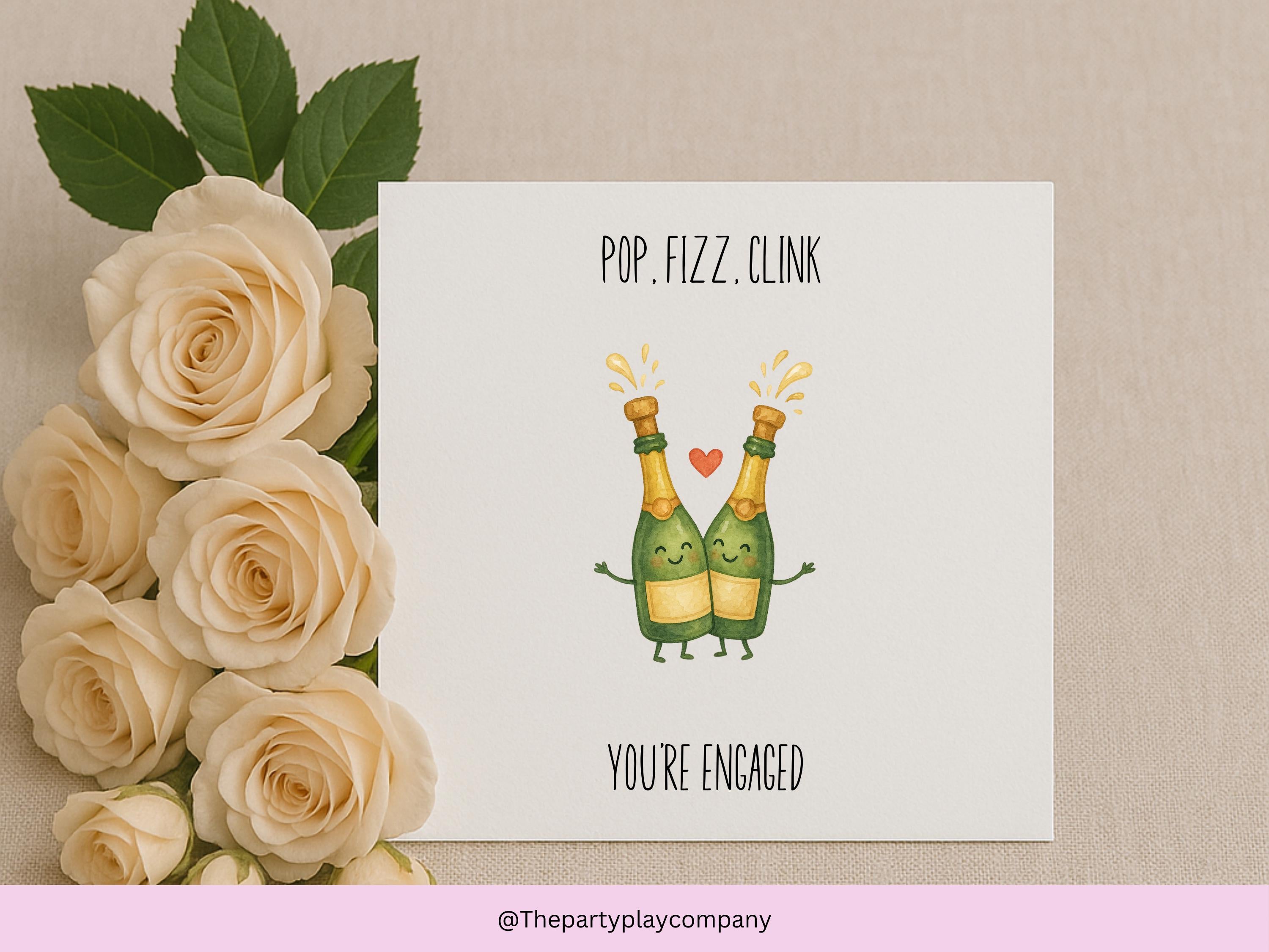 Funny Engagement Card: Champagne Pun - Pop Fizz Clink