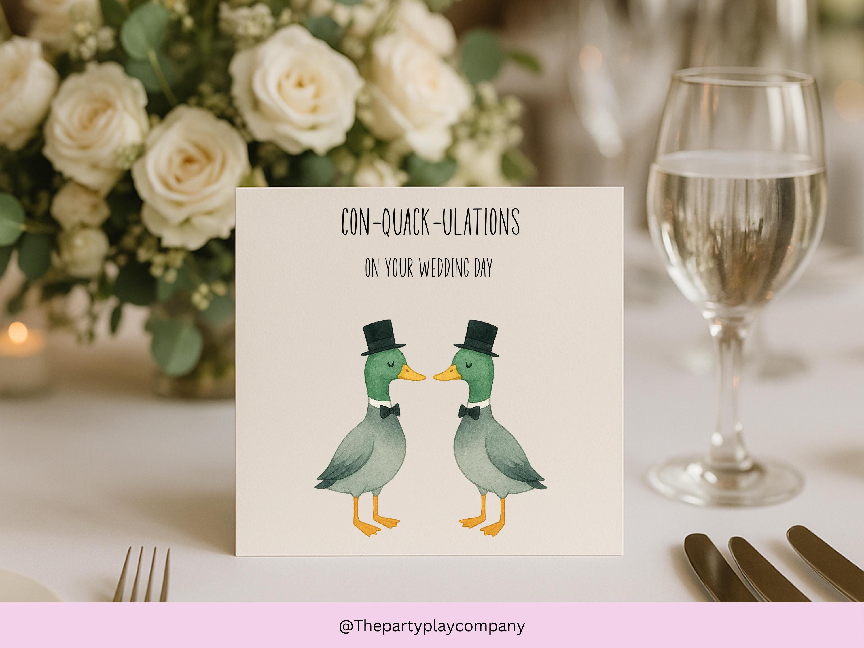 Funny Gay Wedding Card: Con-Quack-ulations Duck Pun Illustration
