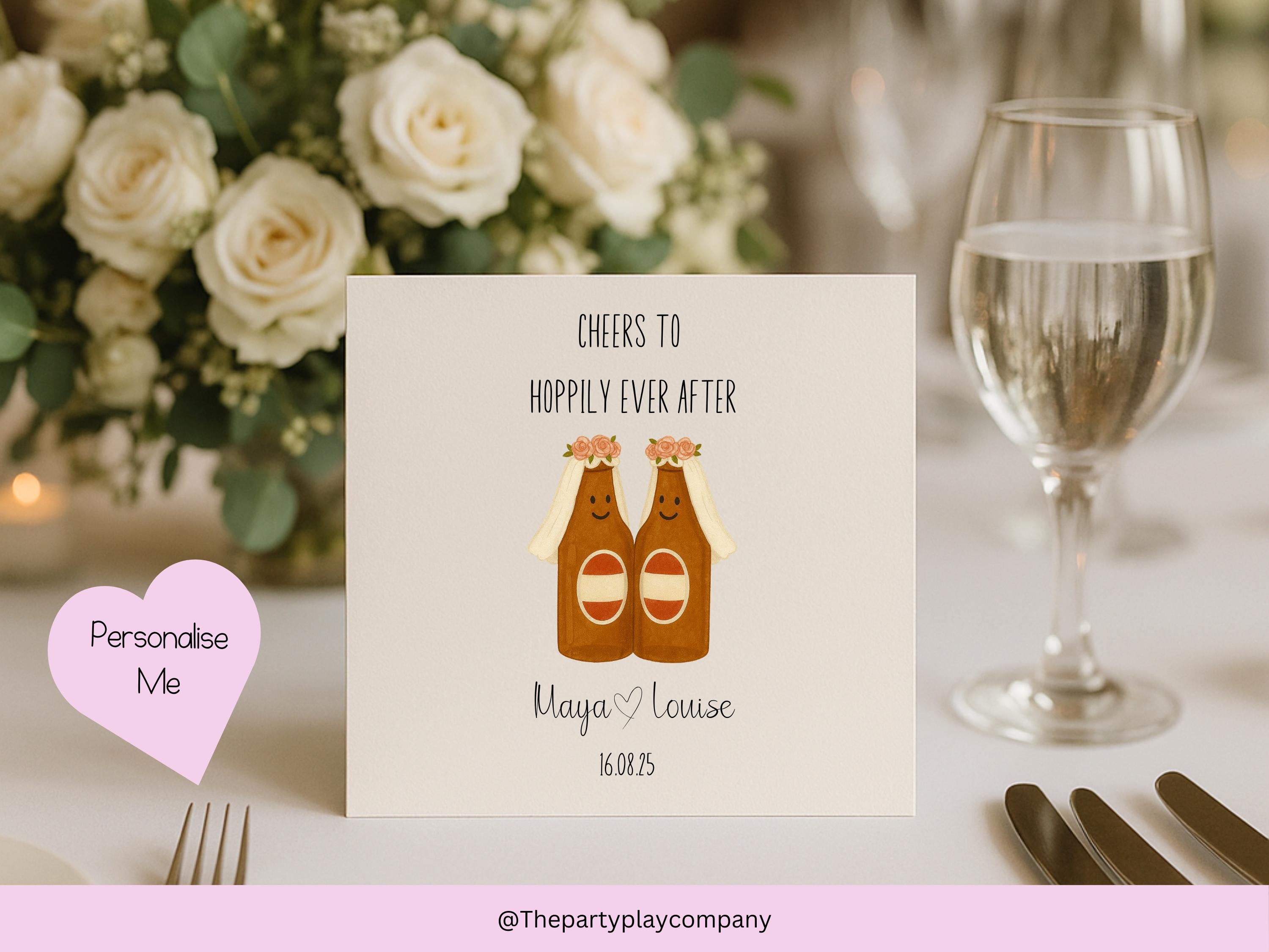 Funny Lesbian Wedding Card: Hoppily Ever After Beer Pun - Personalized LGBTQ+ Anniversary