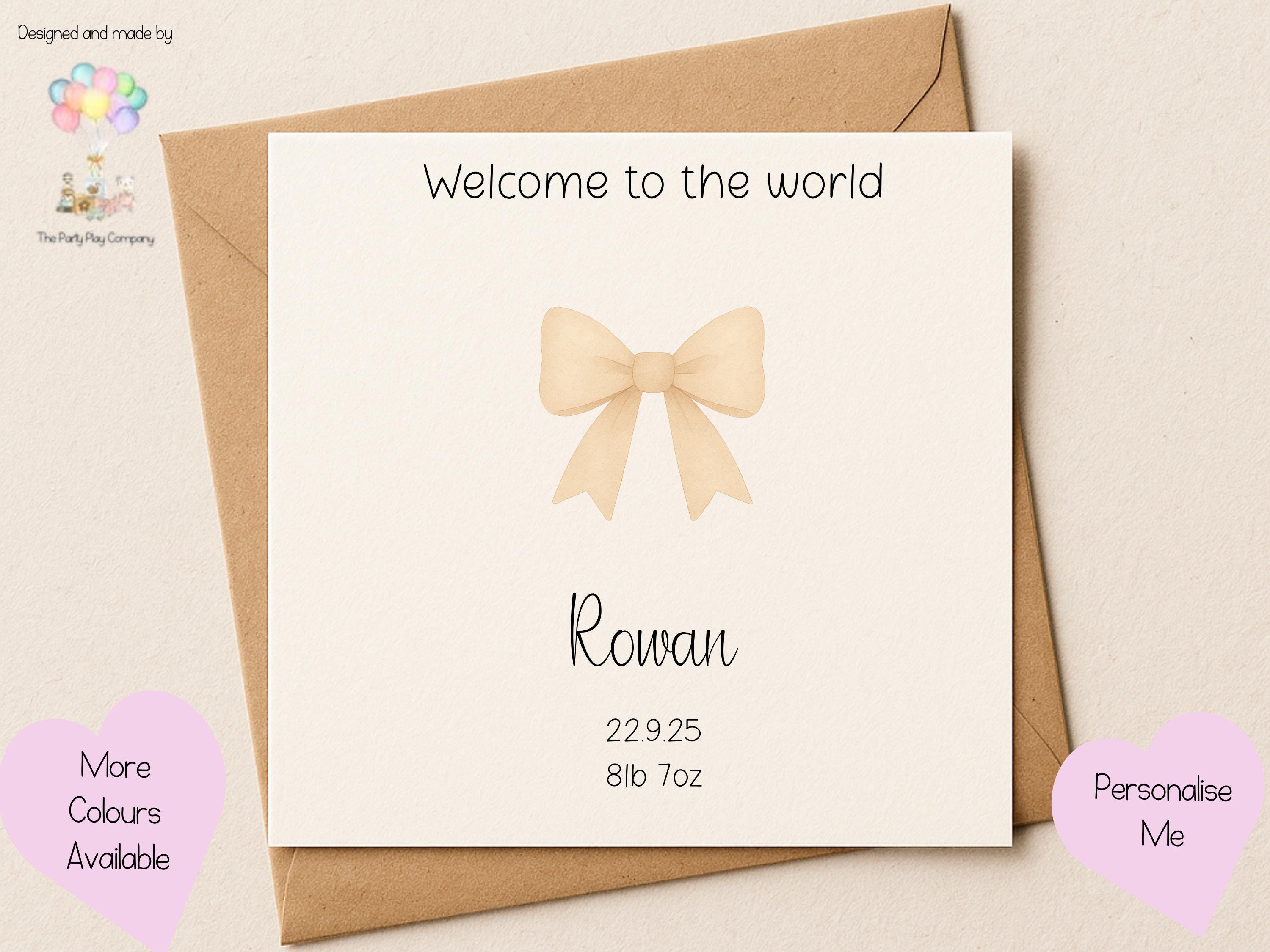Personalized New Baby Card: Cream Bow, Name & Birthdate, Handmade Keepsake