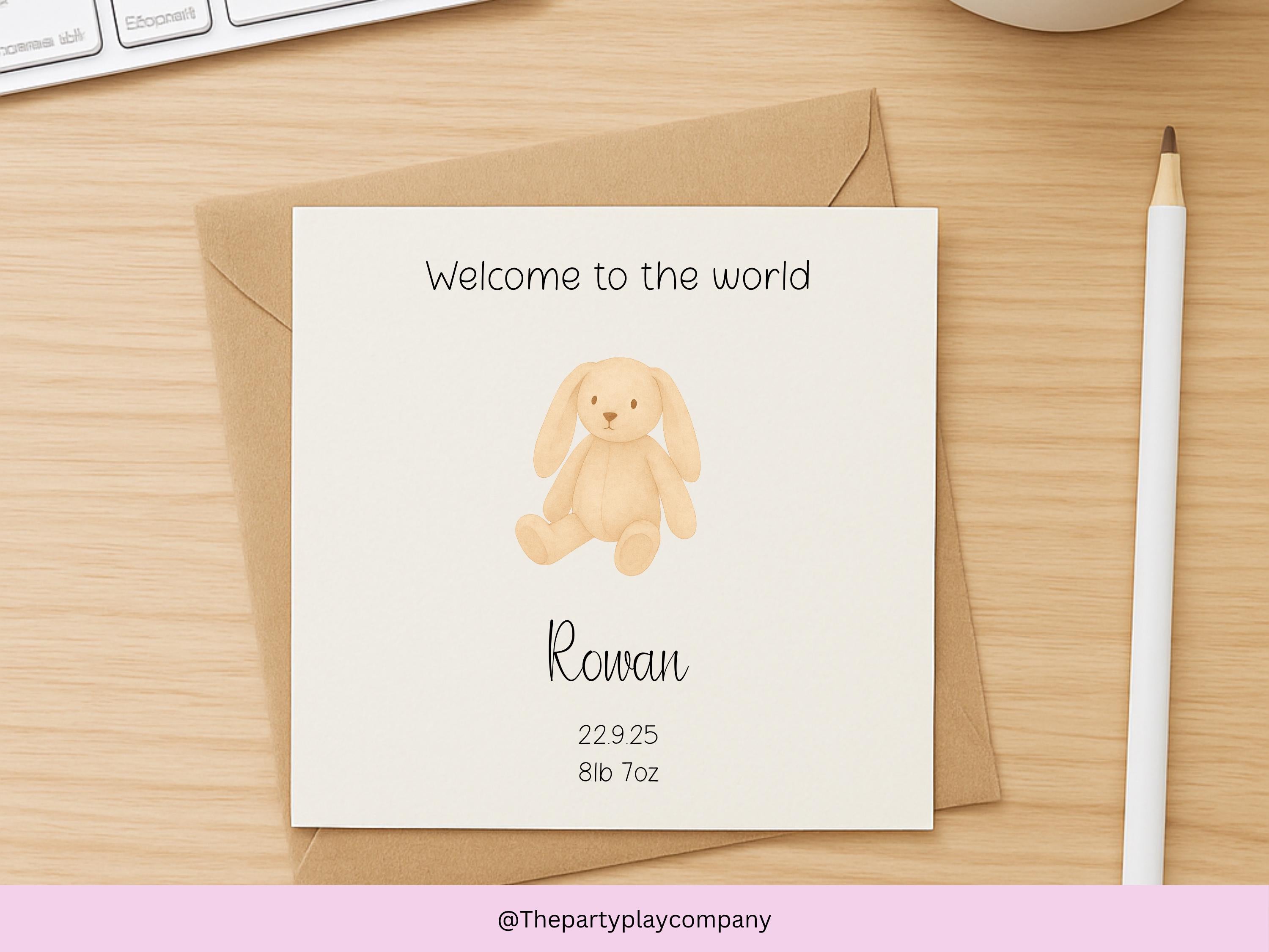 Personalized New Baby Card: Cream Watercolor Bunny, Custom Birth Stats