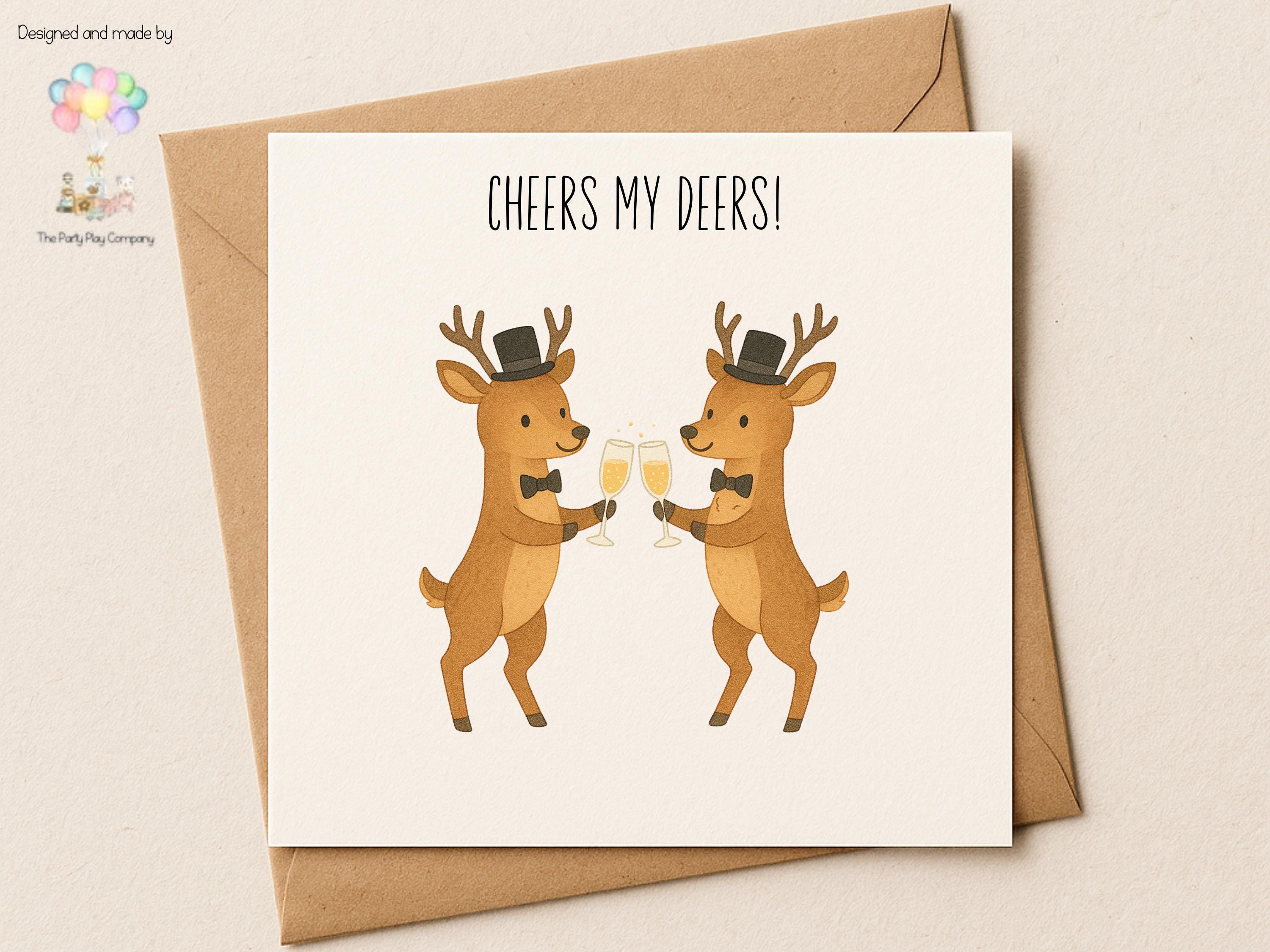 Funny LGBTQ Gay Wedding Card – Cheers My Deers Pun – Cute Groom Deer Illustration – Same-Sex Marriage Card for Him