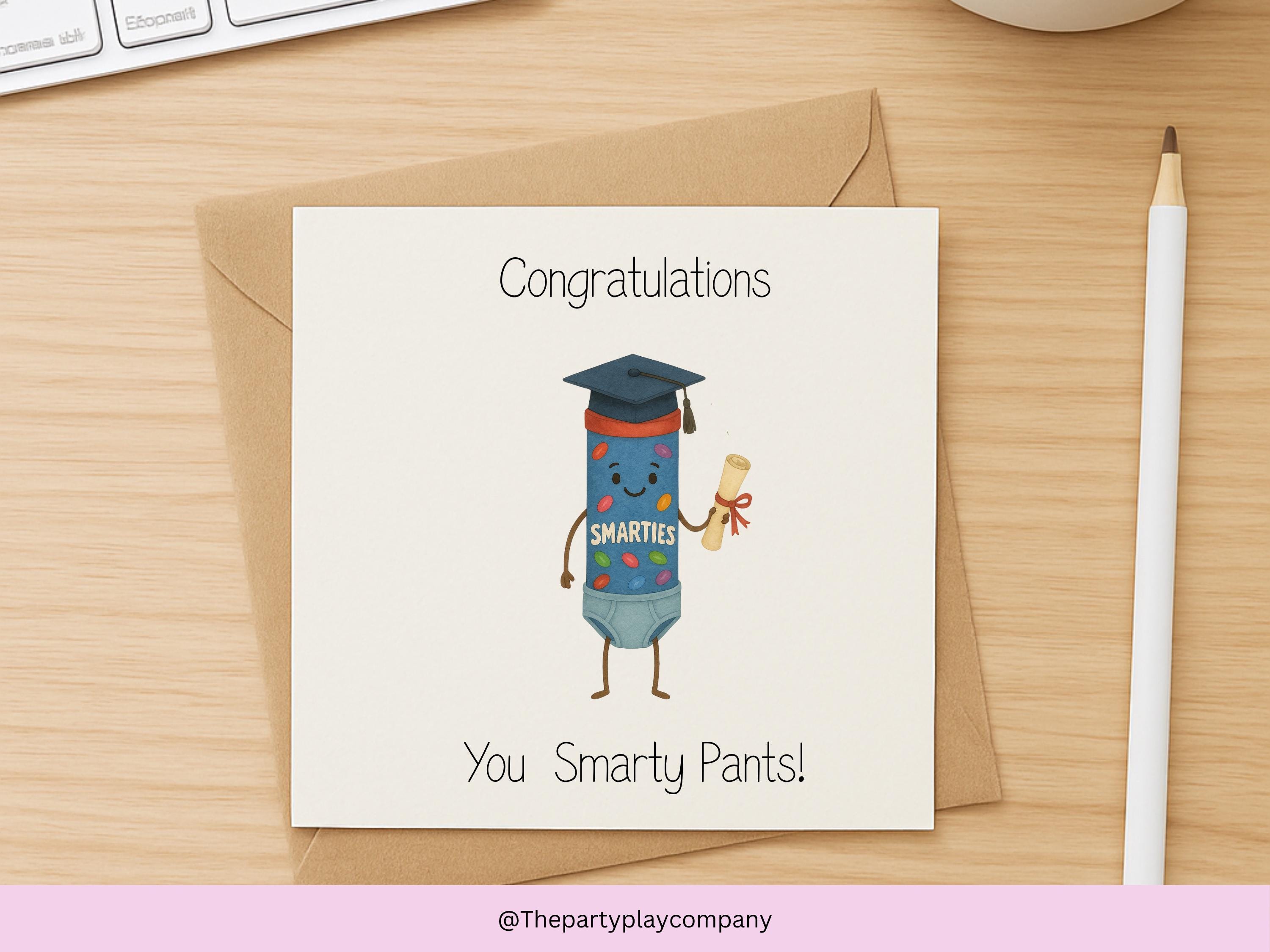 Funny Graduation Card – Smarty Pants Pun with Cap & Scroll, Cute Square Congratulations Card for Graduate