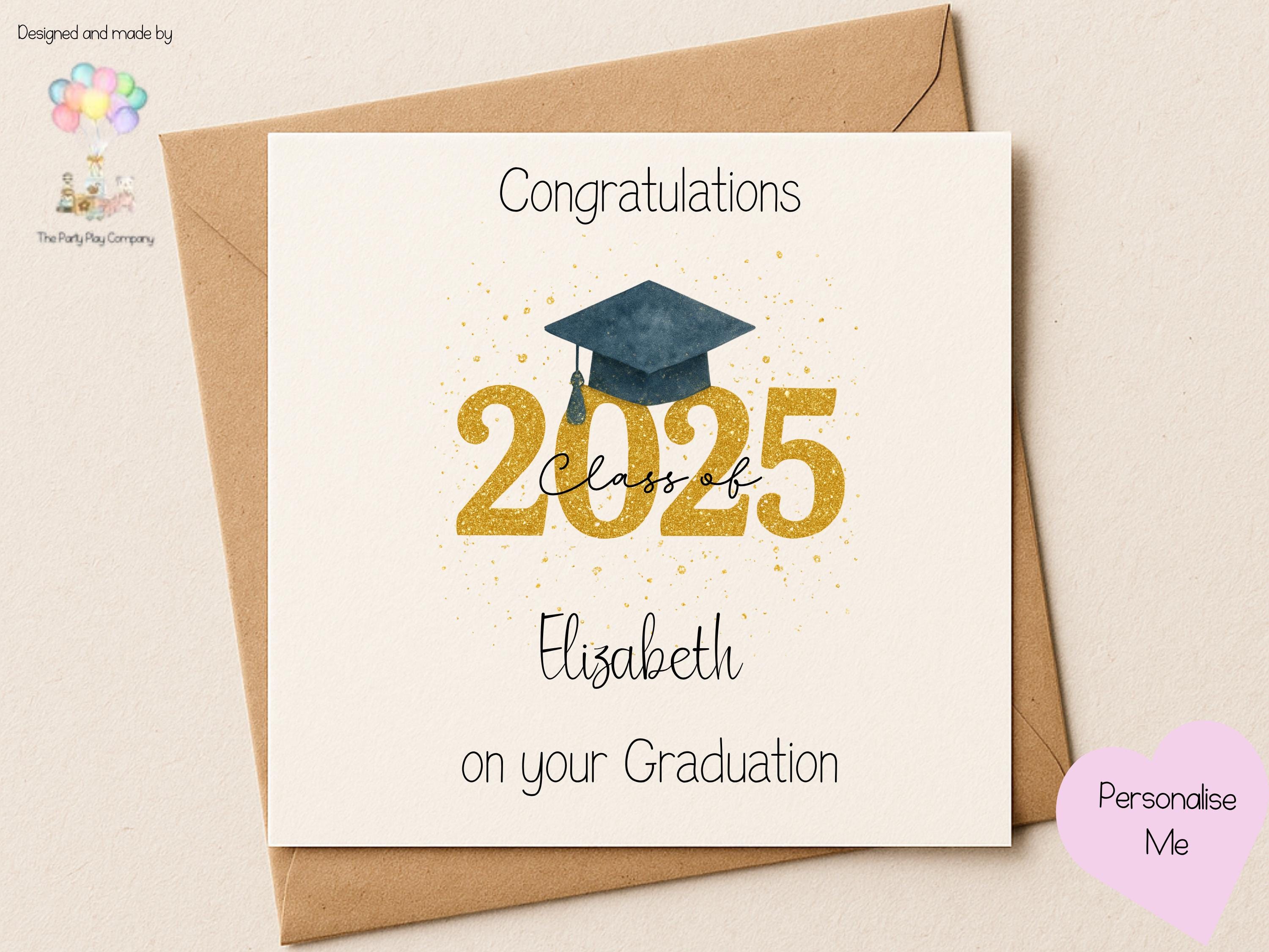 Personalized Graduation Card 2025: Glitter Cap, Custom Name