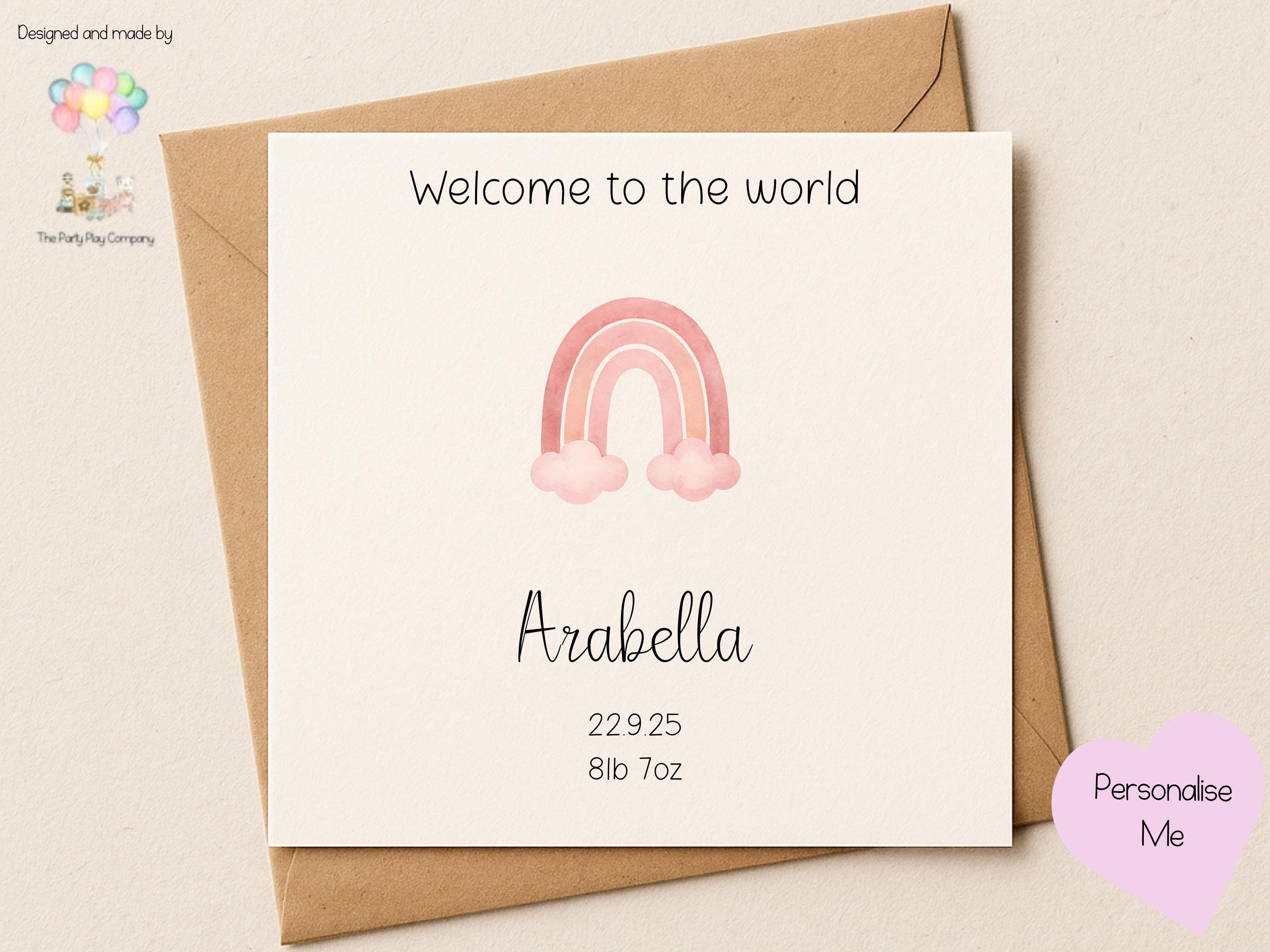 Personalized Baby Girl Card: Pink Watercolor Rainbow, Custom Birth Date