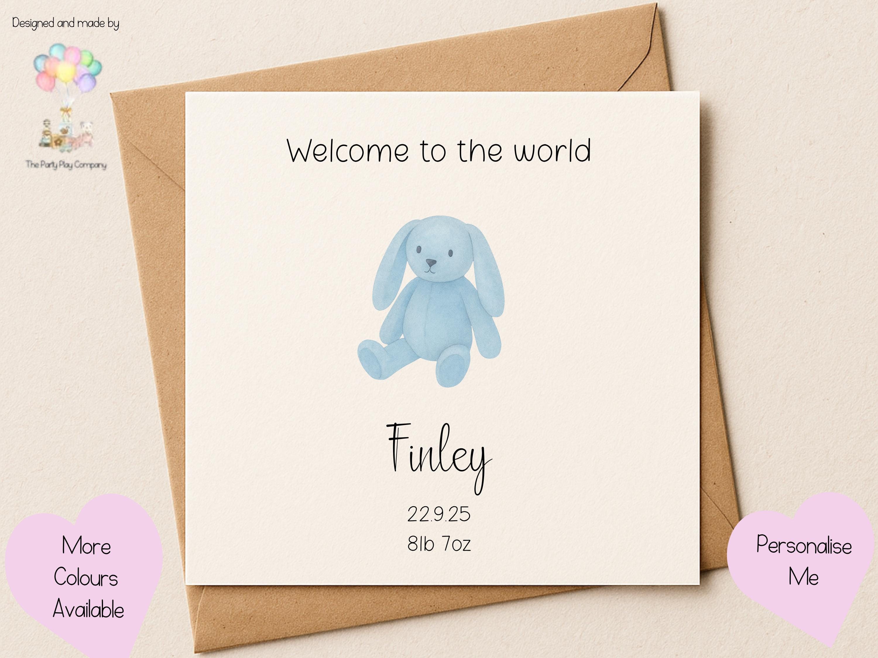 Personalized Blue Bunny New Baby Card: Custom Birth Stats, Handmade