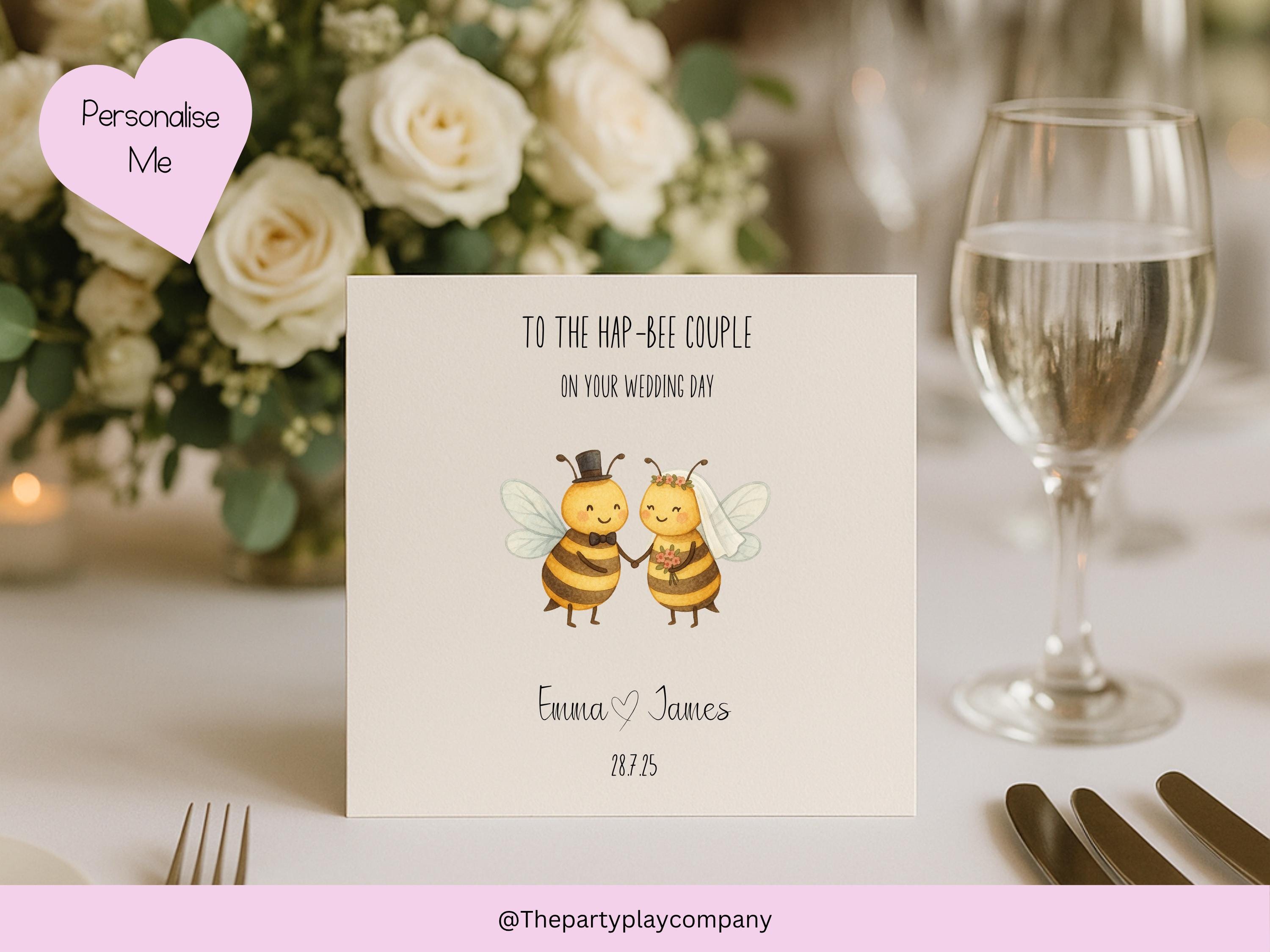 To the Hap-bee Couple – Bee Wedding Card – Personalised Bride and Groom Pun Card – Cute Animal Wedding Keepsake