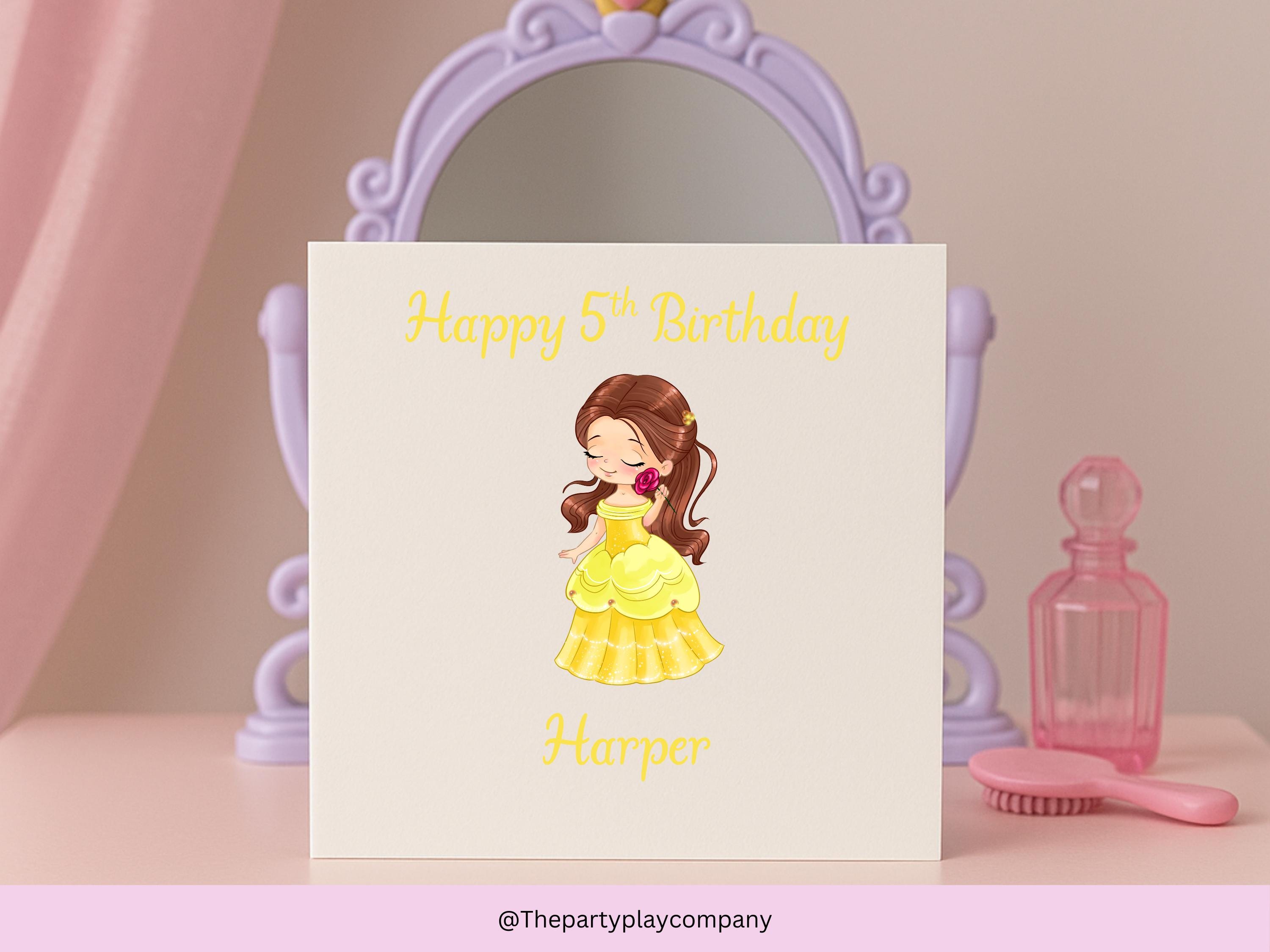 Personalized Princess Birthday Card: Yellow Gown, Custom Name & Age