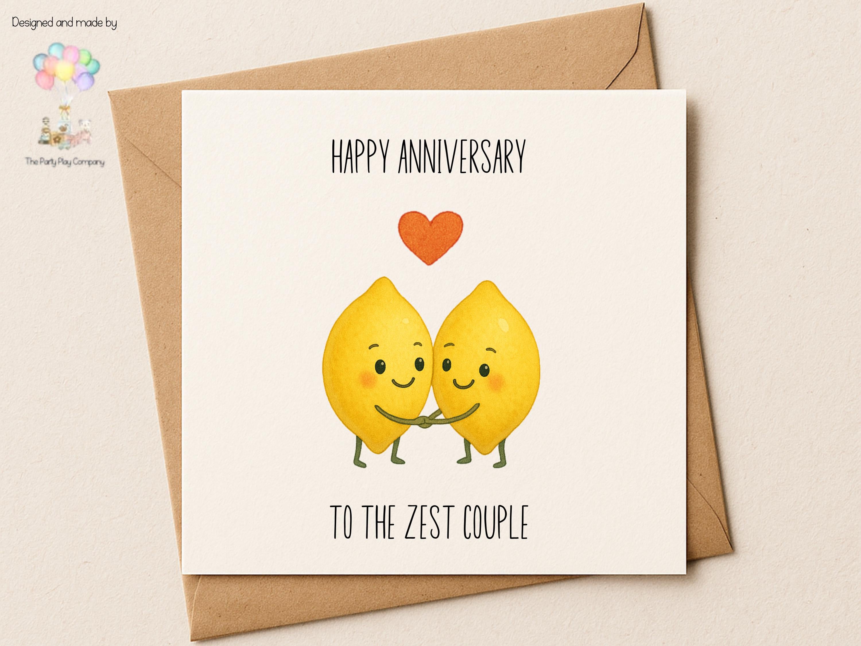 Funny Lemon Anniversary Card: Kawaii Food Pun - 'To the Zest Couple'